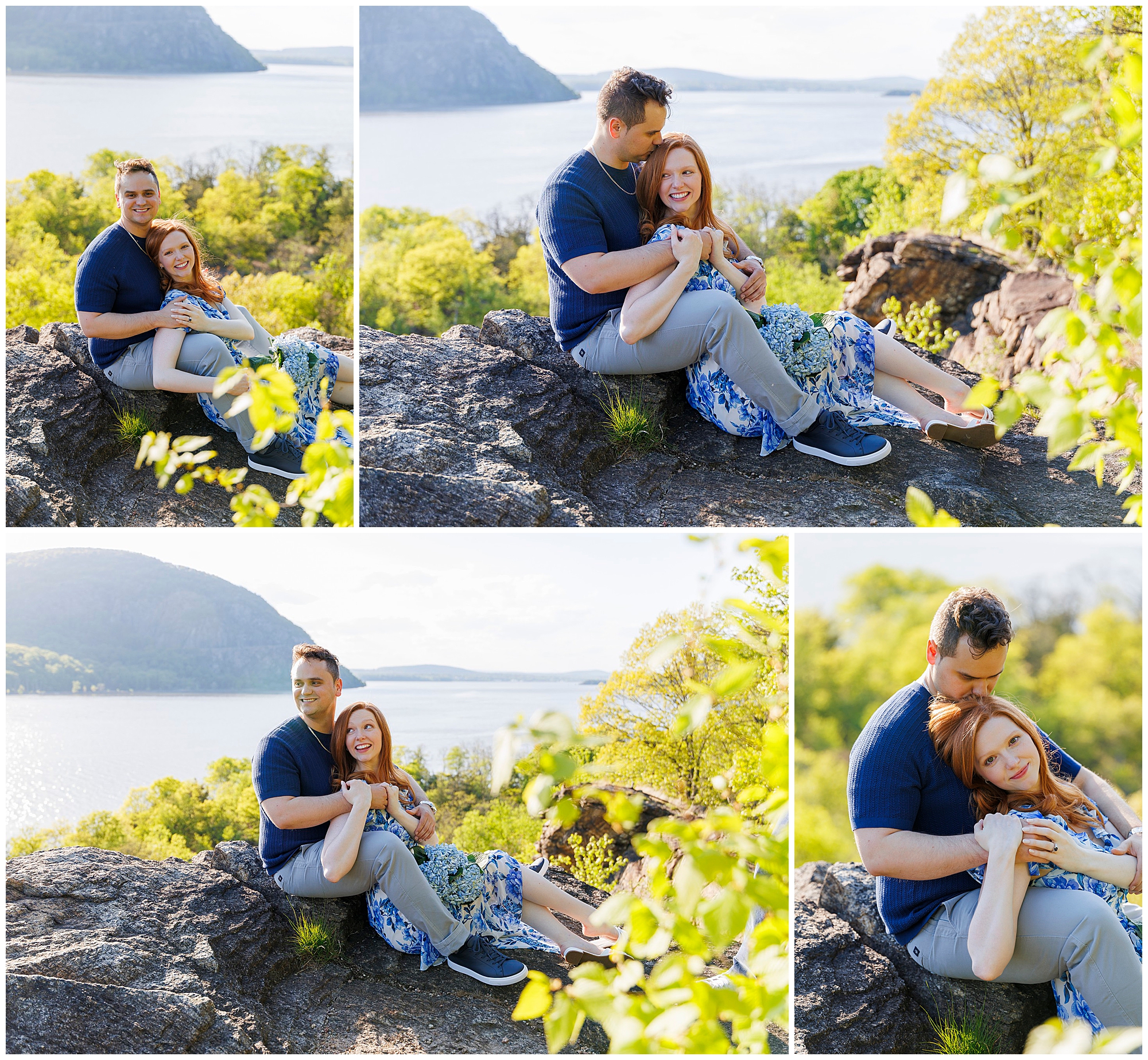Couple engagement photos at scenic overlook with lake views, Hudson Valley wedding photographers capturing romantic moments outdoors