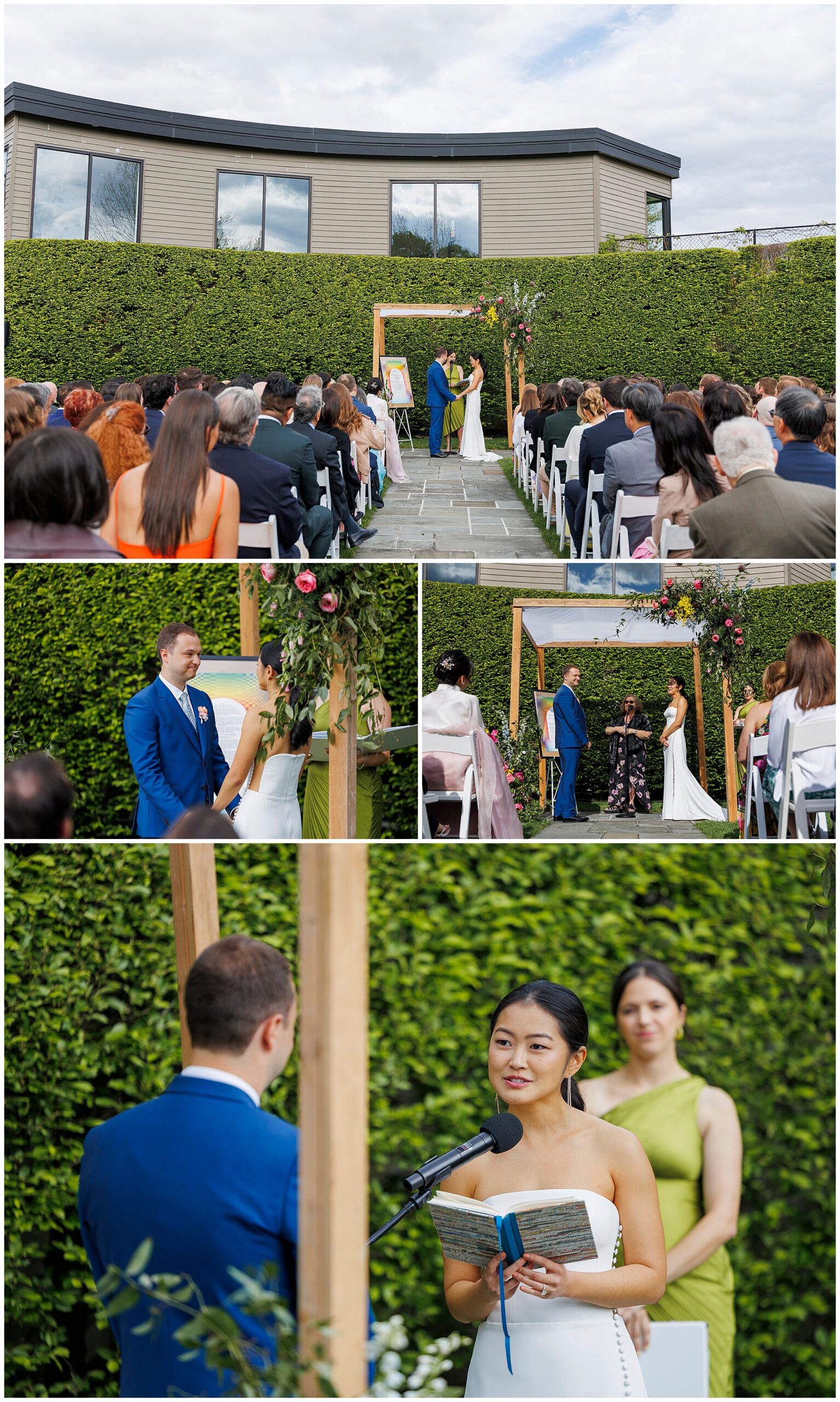 Three photos show a beautiful roundhouse wedding ceremony: a couple stands under a floral arch, guests seated in rows, and the bride reads vows from a book while the groom and officiant listen, all surrounded by lush greenery.