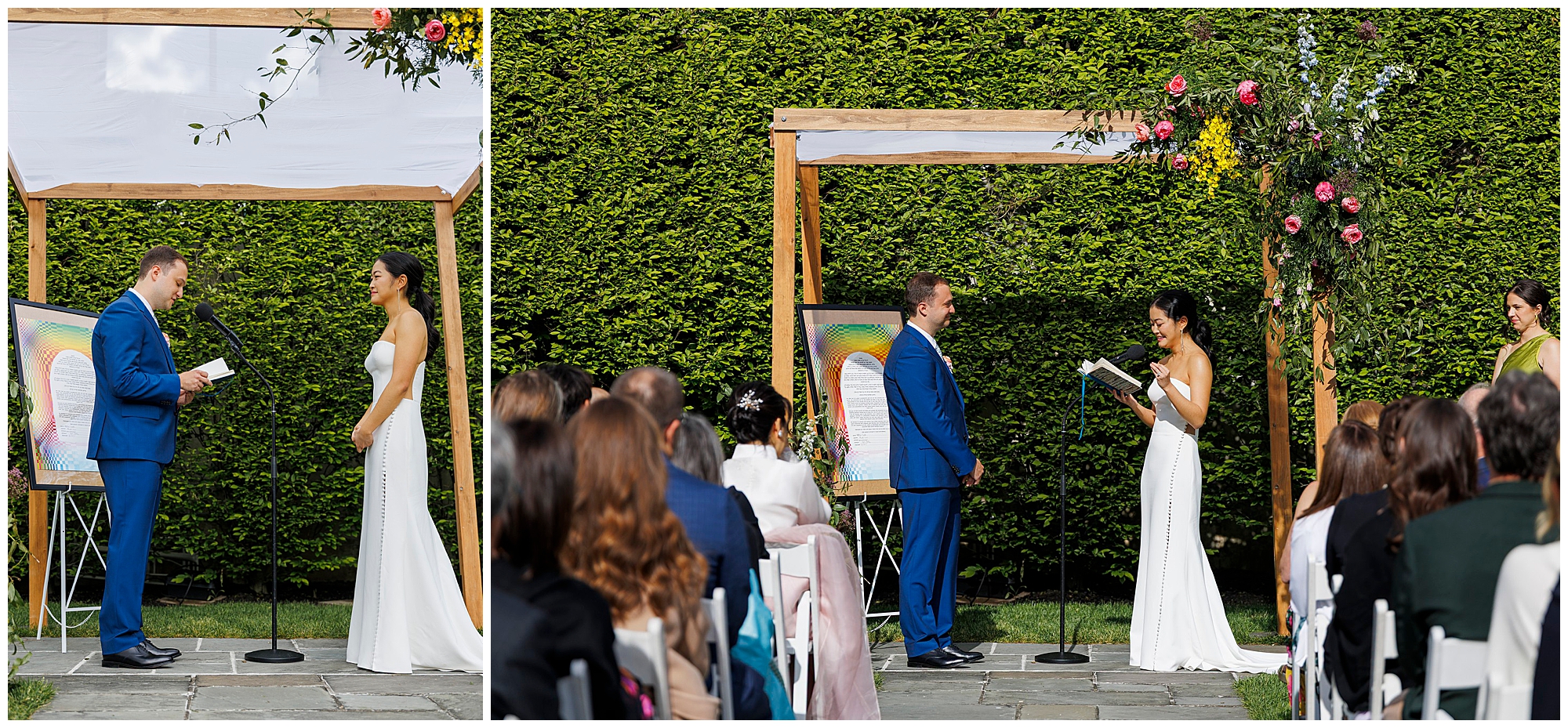 Two images of a roundhouse wedding ceremony: A couple stands under a wooden arch with flowers, reading vows to each other as guests watch. Tall green hedges form the stunning backdrop.