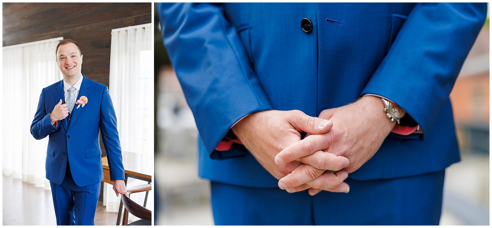 A man in a bright blue suit stands indoors at a roundhouse wedding, smiling and holding his jacket lapel in one photo, while the other shows a close-up of his hands clasped, highlighting his suit and wristwatch.