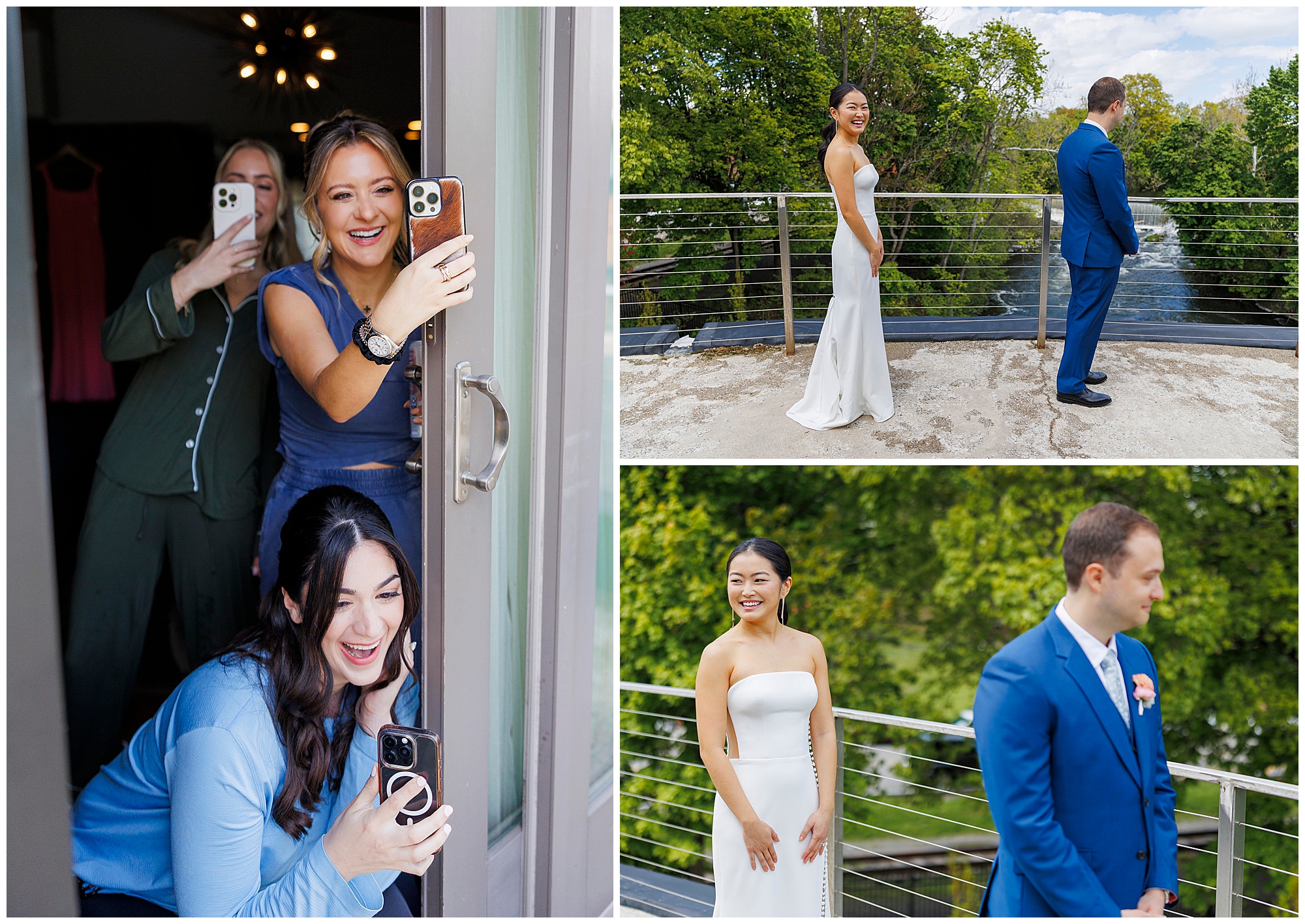 A collage of photos showing a bride in a white dress and groom in a blue suit during their first look at a roundhouse wedding, with friends excitedly taking pictures and watching from a doorway, all set outdoors amid lush greenery.