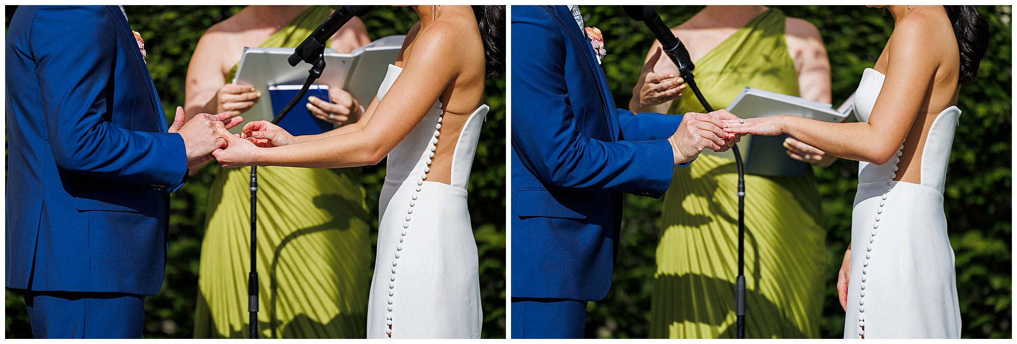 Two people exchange rings during a roundhouse wedding ceremony outdoors, with the officiant, in a green dress and holding a book, standing behind them. Only the couple’s torsos and hands are visible.