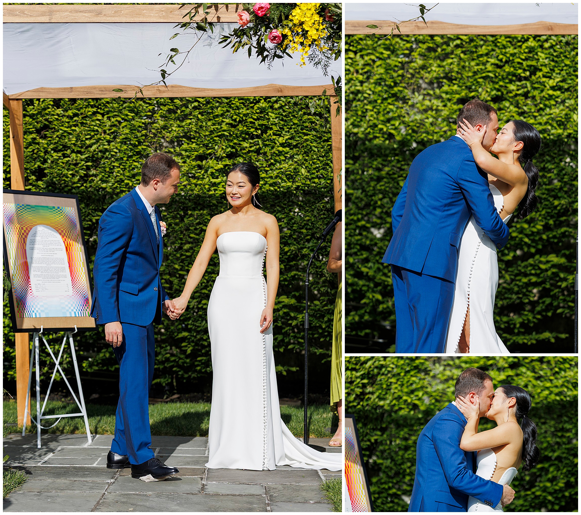 A bride in a white dress and a groom in a blue suit hold hands and smile under a floral canopy at their roundhouse wedding; in two smaller photos, they kiss during their outdoor ceremony.