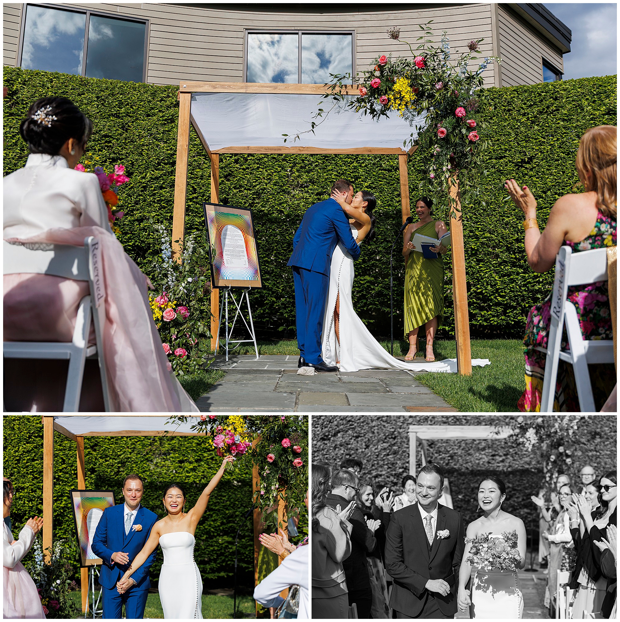 A bride and groom kiss under a flower-adorned arch at their roundhouse wedding, cheered by guests outdoors. In smaller photos below, they walk down the aisle together, smiling and celebrating.