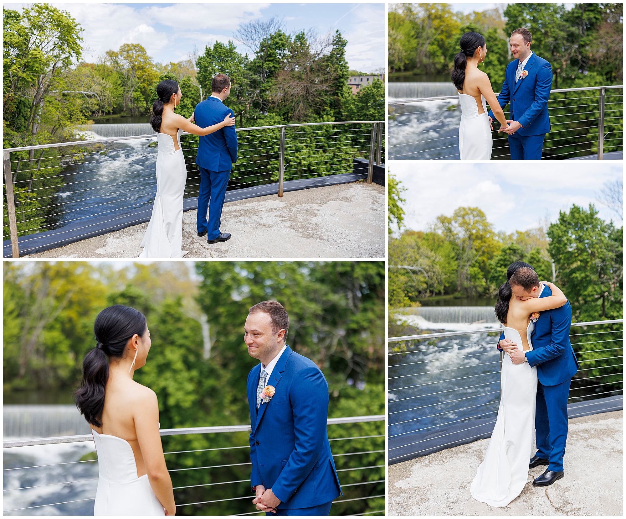 A bride and groom share an emotional first look outdoors by a river at their roundhouse wedding, standing on a balcony with trees in the background. They smile, embrace, and enjoy a joyful moment together in wedding attire.