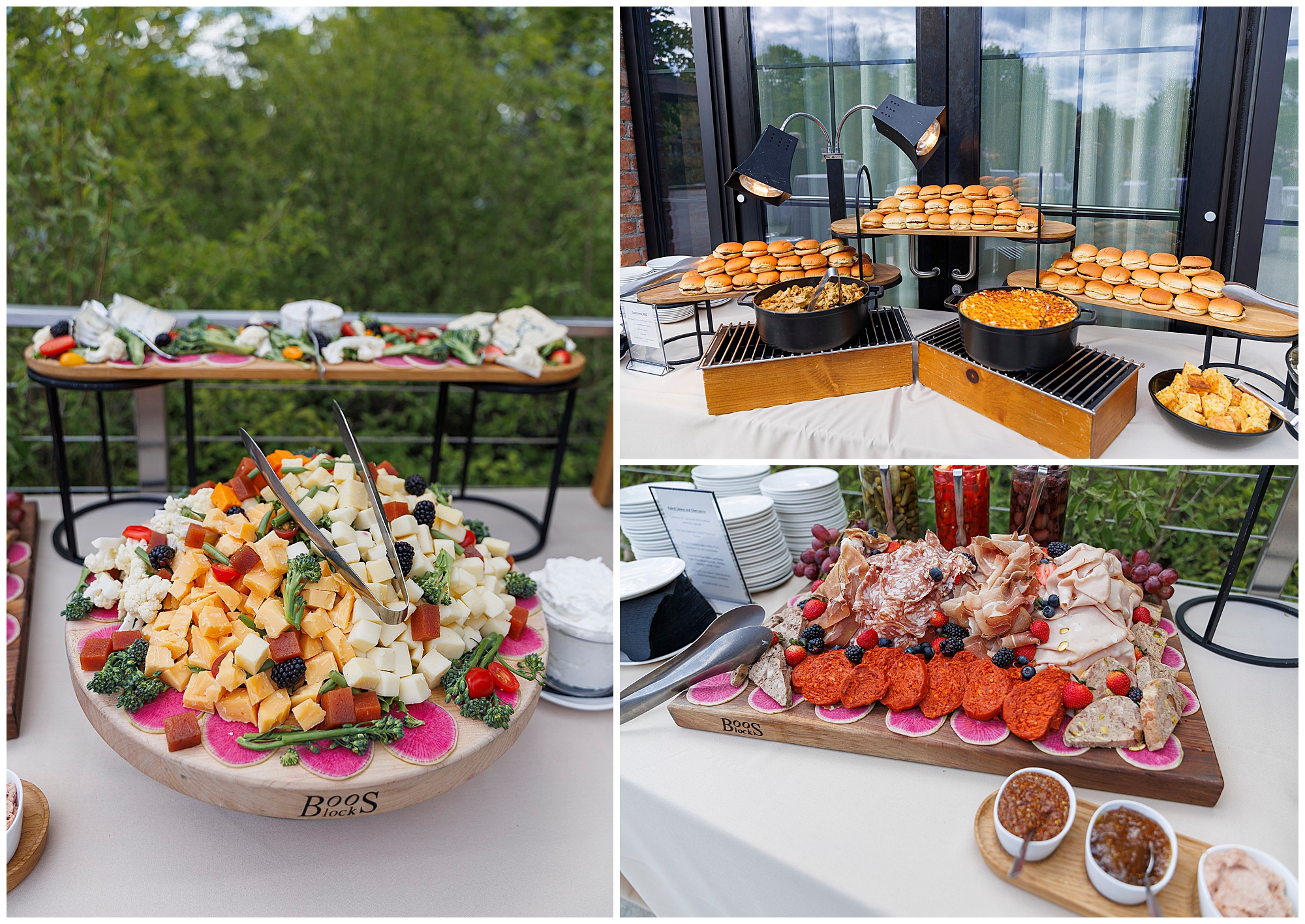 A buffet spread at a roundhouse wedding features platters of assorted cheeses, fruits, meats, crackers, sauces, and a display of buns, sliders, and baked beans set on tables outdoors with greenery in the background.