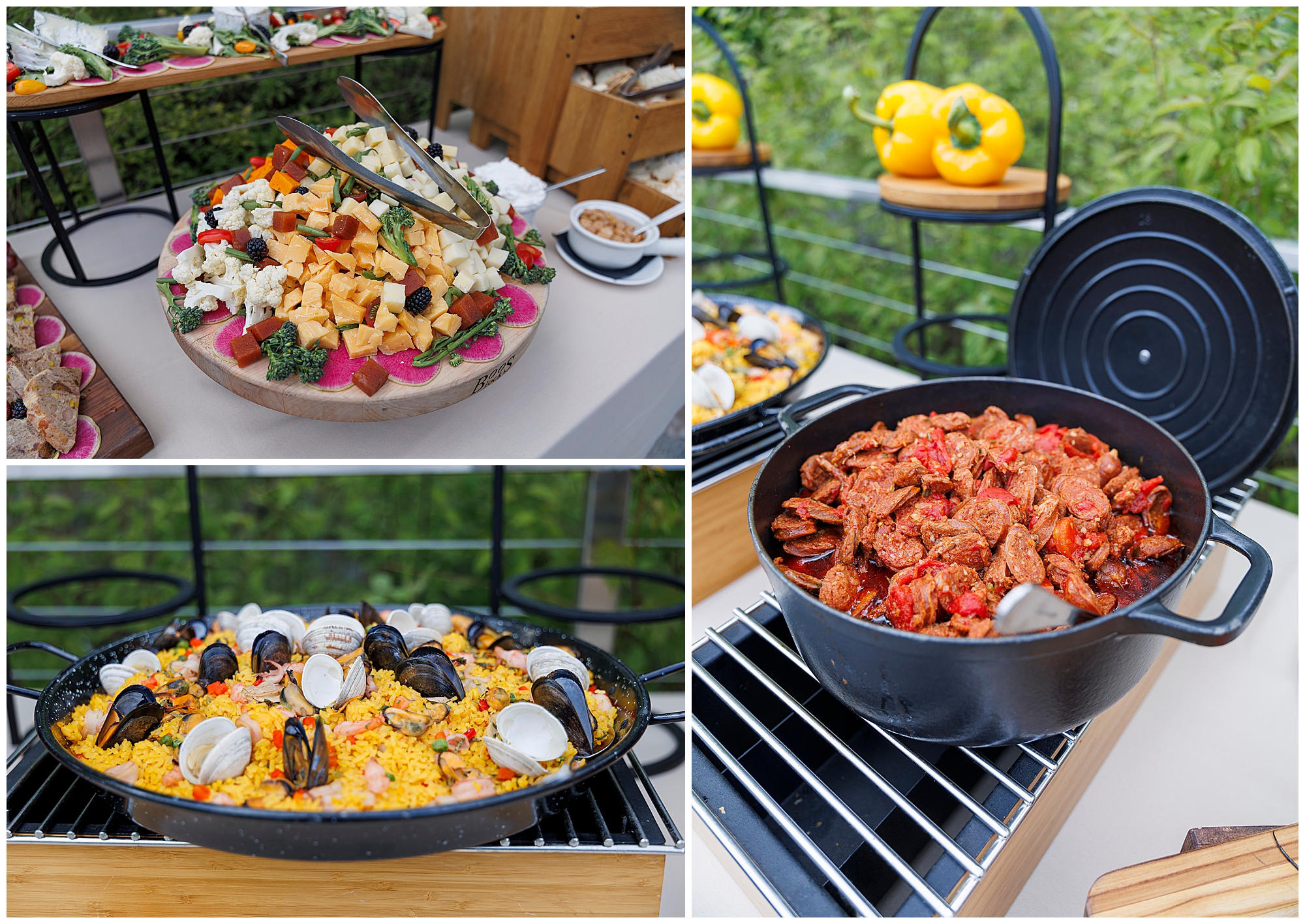 A collage of three images shows a table with assorted foods at a roundhouse wedding: a platter of cheese and fruit, a large pan of seafood paella with shellfish, and a pot of stewed meat in red sauce.