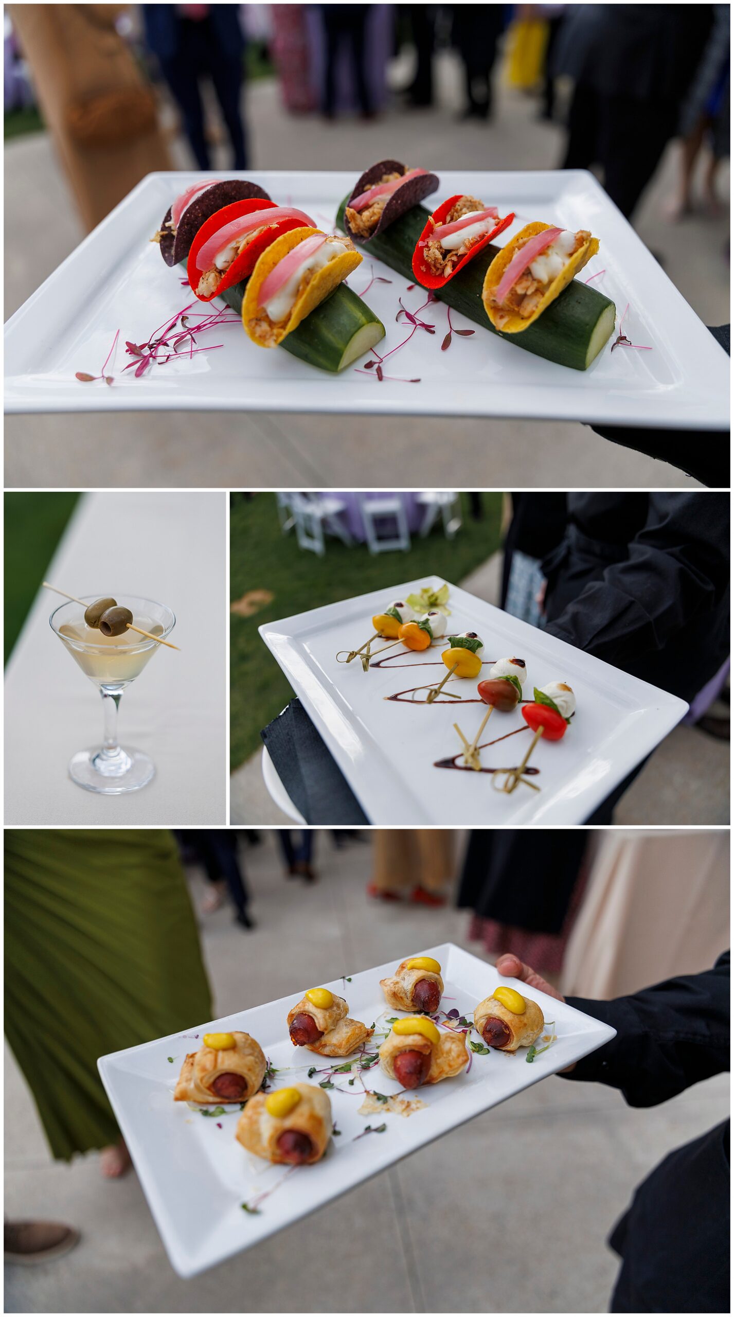 Collage of appetizers at a roundhouse wedding, featuring sliders with colorful buns, a martini glass with olives, skewered bite-sized snacks, and small pastries on white plates served by staff. Guests mingle in the background.