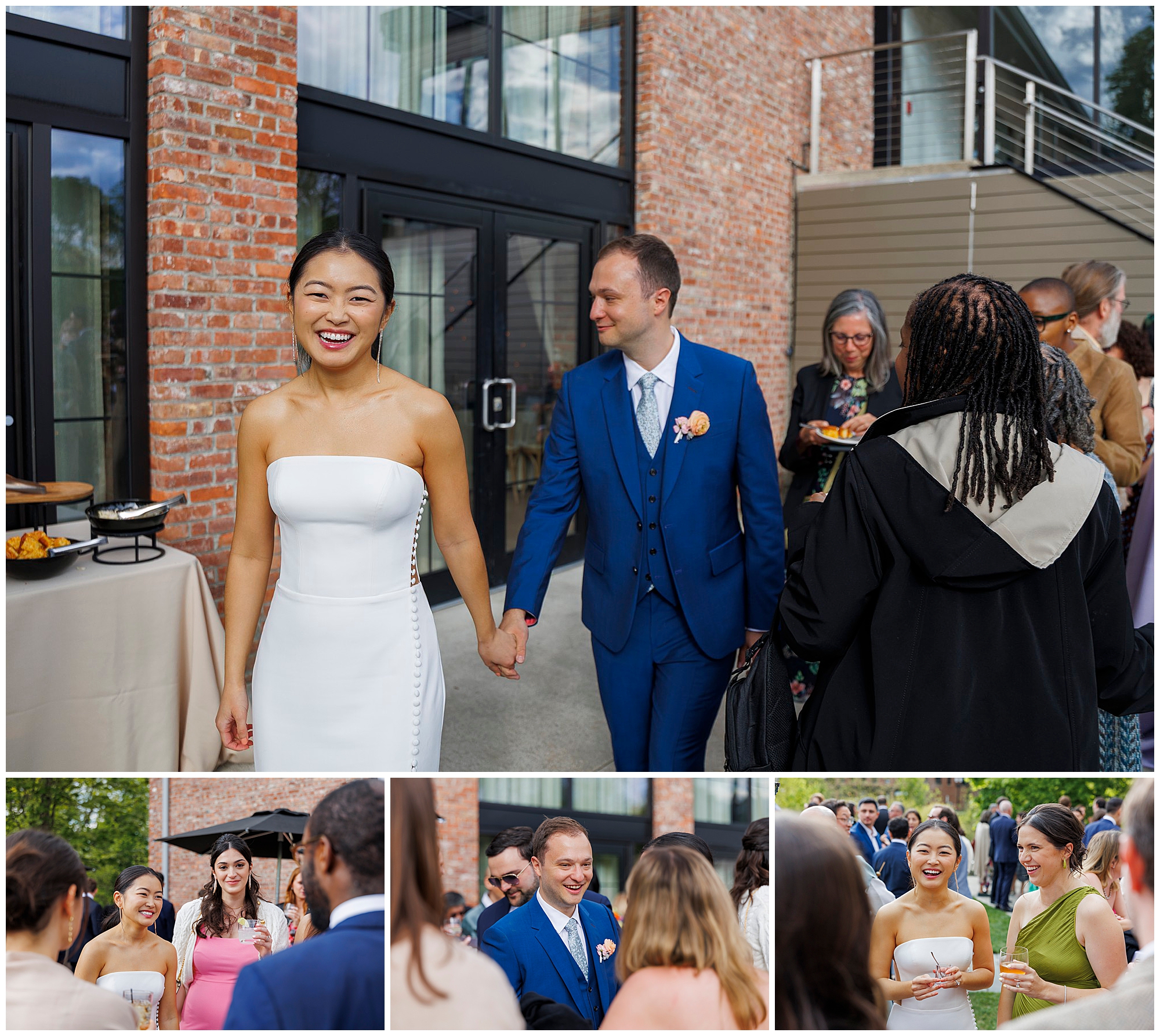 A smiling bride in a strapless white dress holds hands with the groom in a blue suit as they greet guests outdoors at their Roundhouse wedding. Other candid moments with guests are shown in smaller images below.