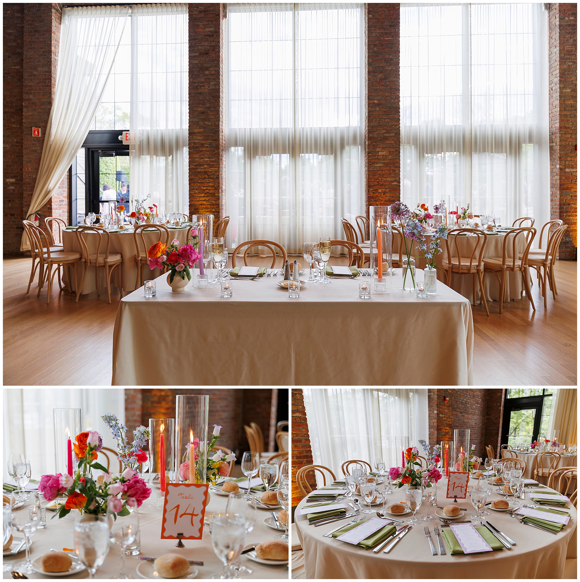 Bright, airy event space with high windows and sheer curtains—perfect for a roundhouse wedding. Elegant round tables set with flowers, candles, tableware, and rolls surround a long table with similar decor in the foreground.