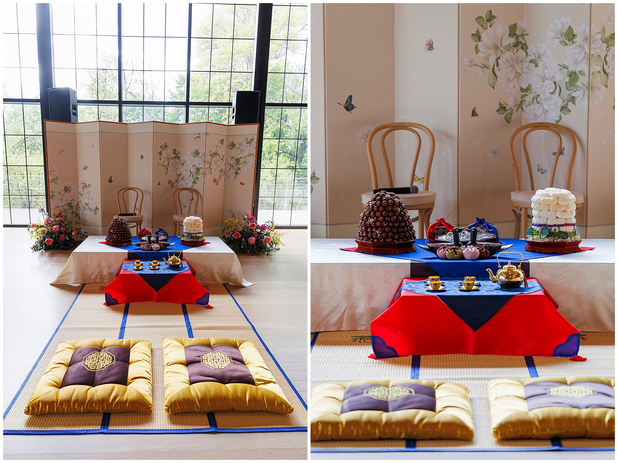 A traditional Korean roundhouse wedding setup with gold and brown cushions on the floor, decorated tables with Korean sweets, fruit, and flowers, set in front of a floral screen and large windows.