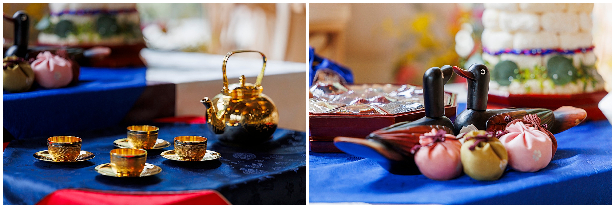 A gold teapot with matching cups is set on a blue cloth, alongside wooden ducks and colorful decorative sweets, arranged for a traditional roundhouse wedding celebration.