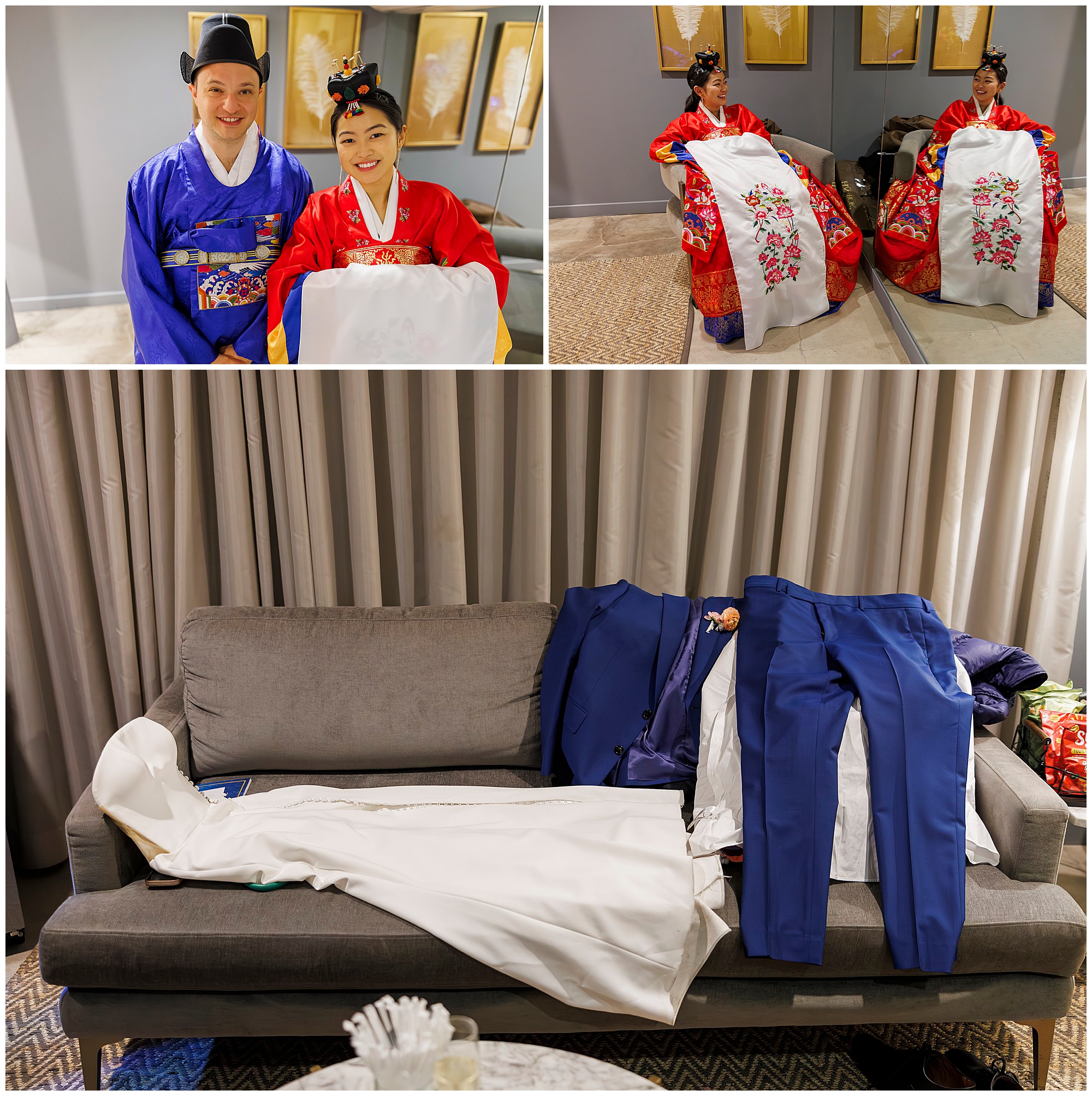 A couple in traditional Korean wedding attire poses and displays embroidered fabrics; below, a sofa holds a white dress and blue suit, suggesting roundhouse wedding preparations.