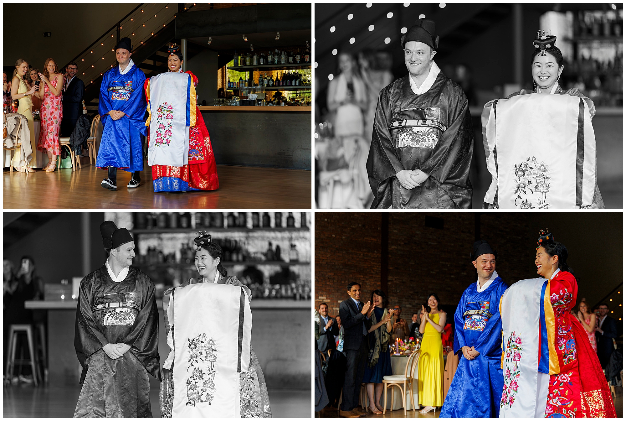 A couple in traditional Korean wedding attire smiles and walks together at a roundhouse wedding, with guests watching and applauding. The collage shows both color and black-and-white photos of the ceremony.