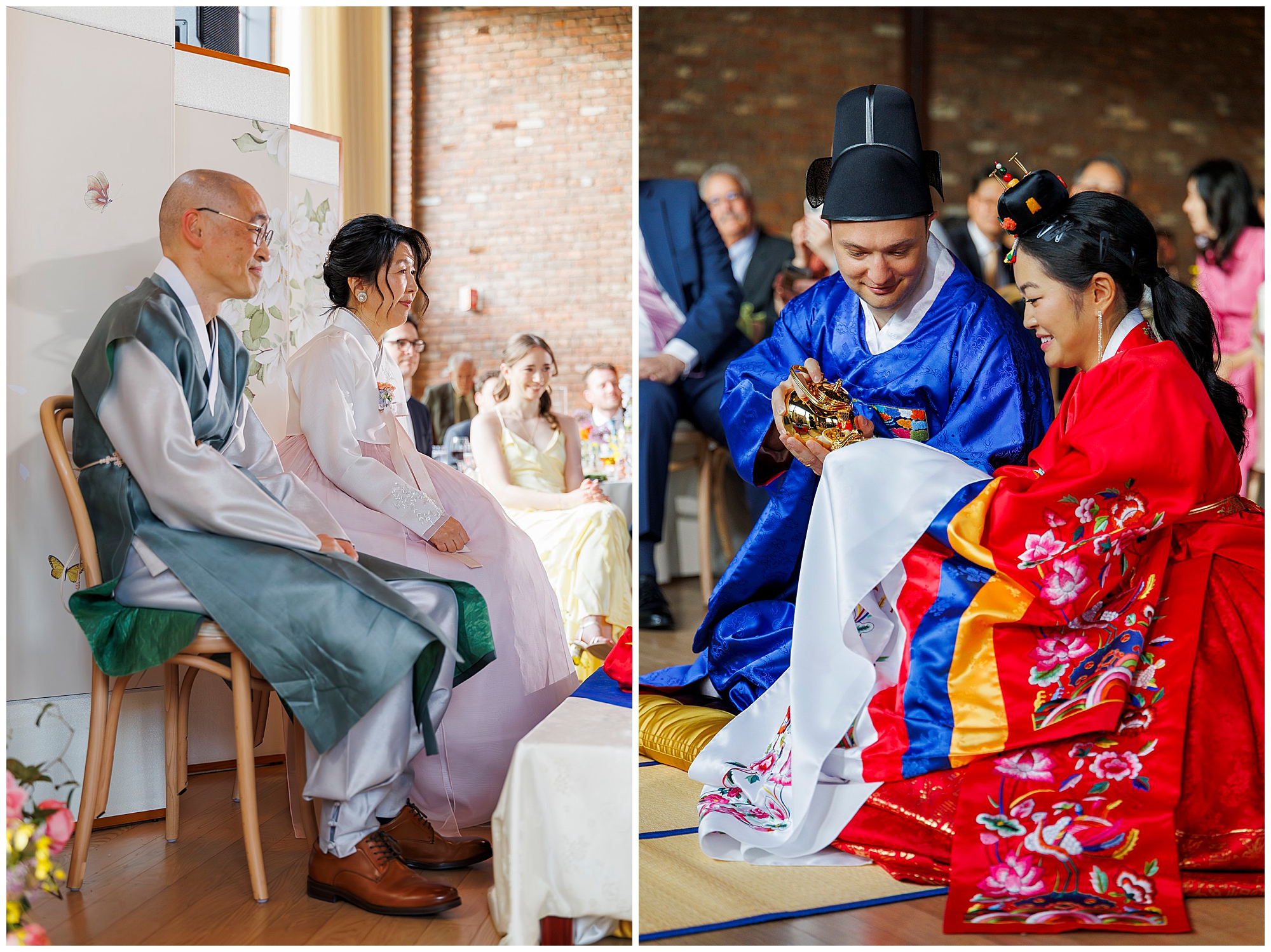 Two images side by side show a Korean traditional roundhouse wedding. On the left, an older couple in hanbok sit smiling. On the right, a bride and groom in colorful hanbok share a joyful moment during the ceremony.