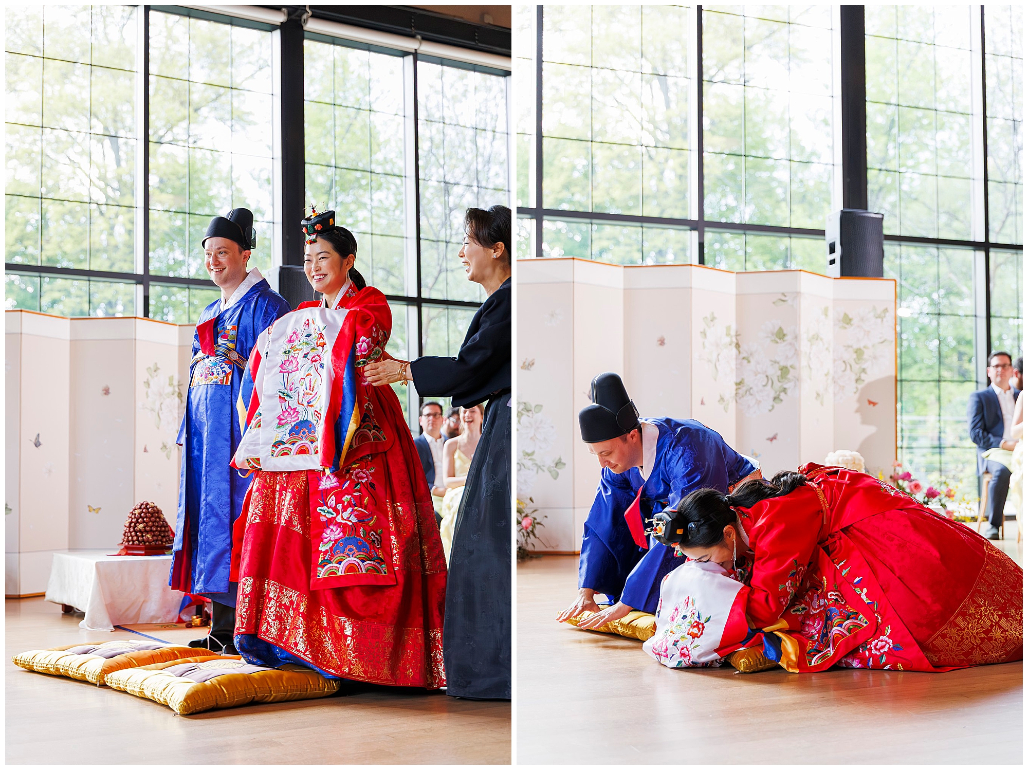 A couple in traditional Korean wedding attire stands smiling, then bows deeply together on floor cushions during a roundhouse wedding ceremony, with an officiant and a folding screen in the background.