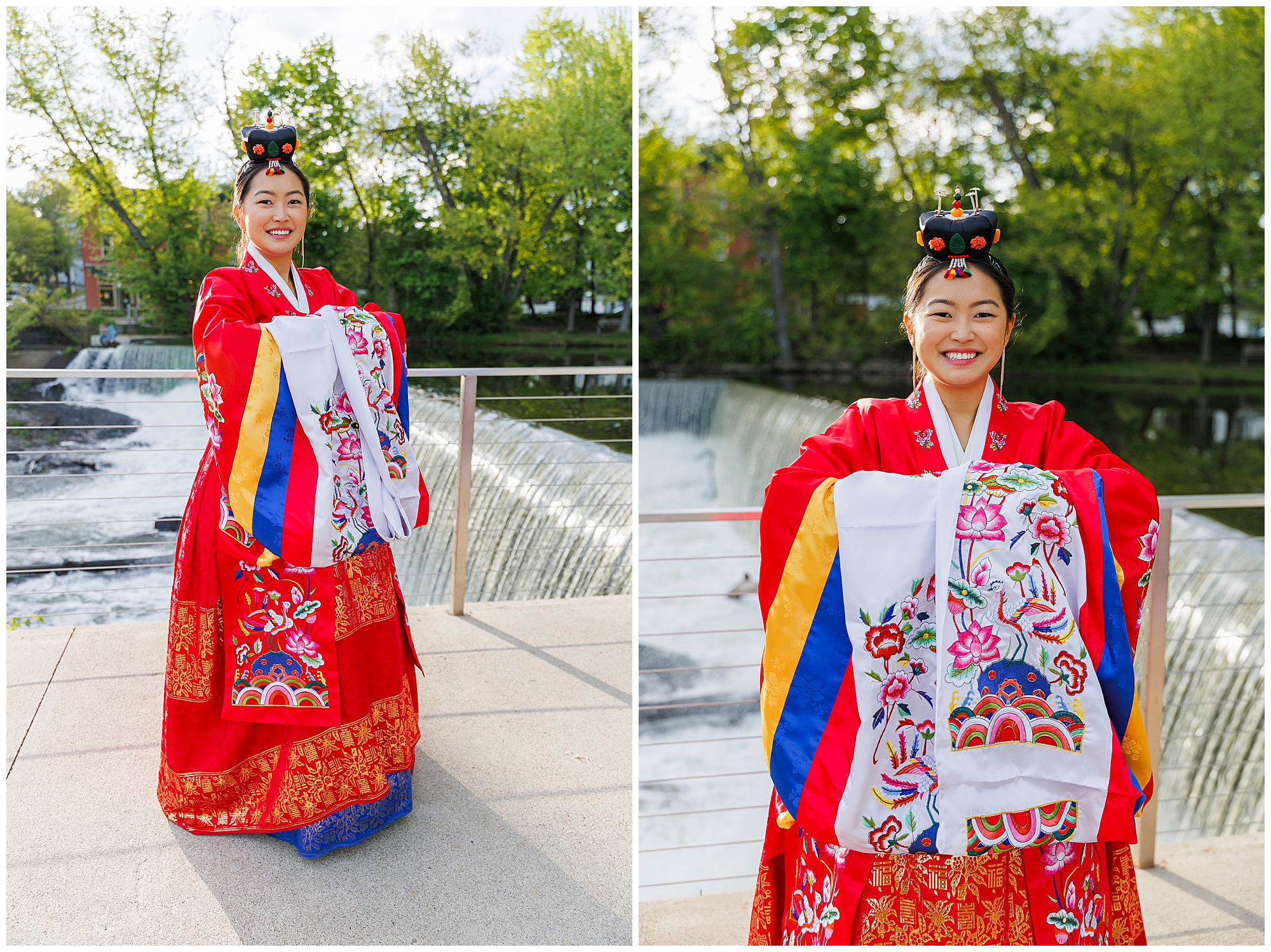 A woman in a vibrant red and gold traditional Korean hanbok stands smiling by a riverside waterfall, holding a colorful embroidered cloth—evoking the elegance of a roundhouse wedding. Green trees and cascading water grace the background.