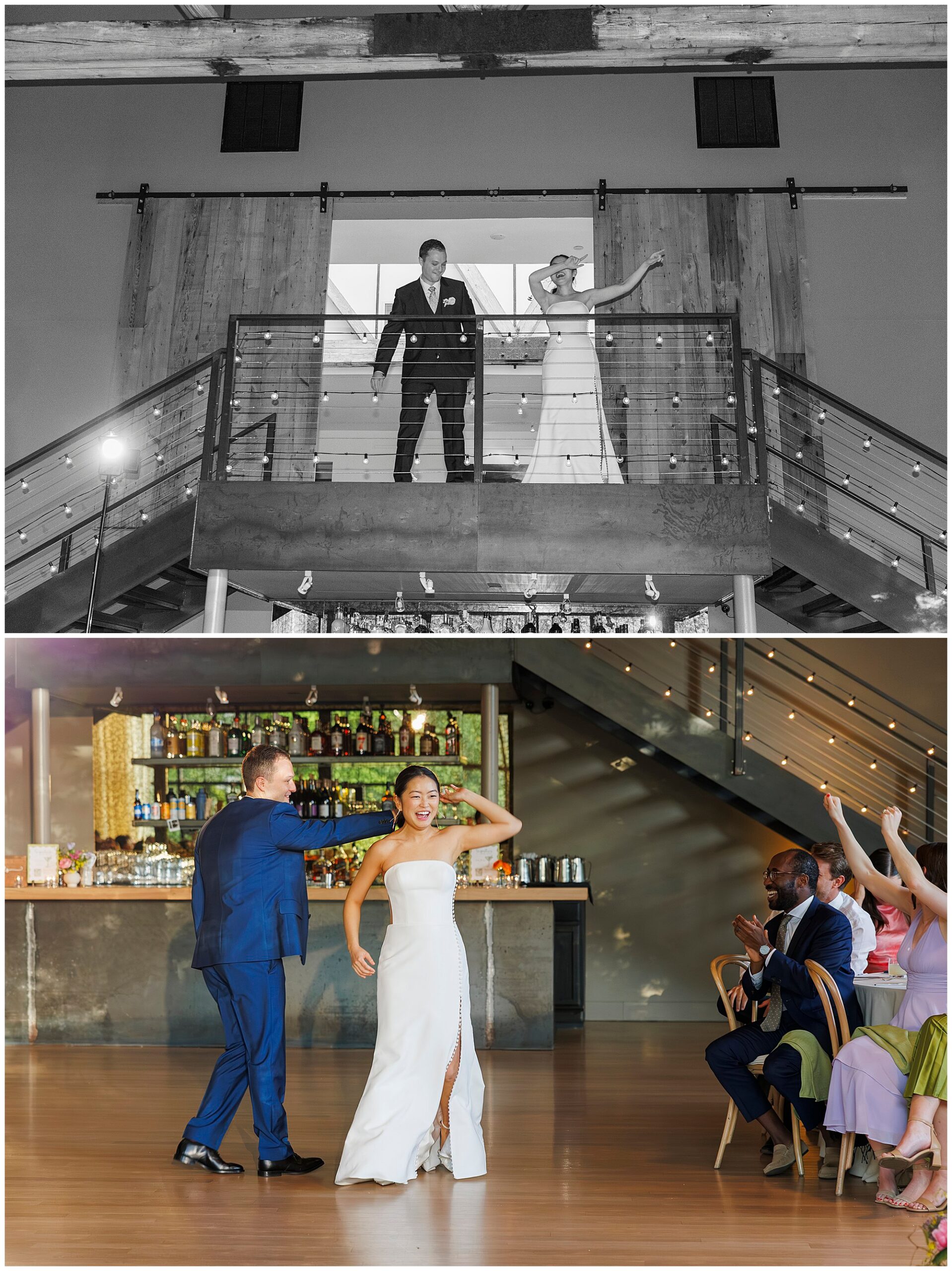Two wedding photos: Top—bride and groom stand on a balcony, smiling and waving. Bottom—the groom twirls the bride on the dance floor as guests clap in a stylish roundhouse wedding venue with a bar in the background.