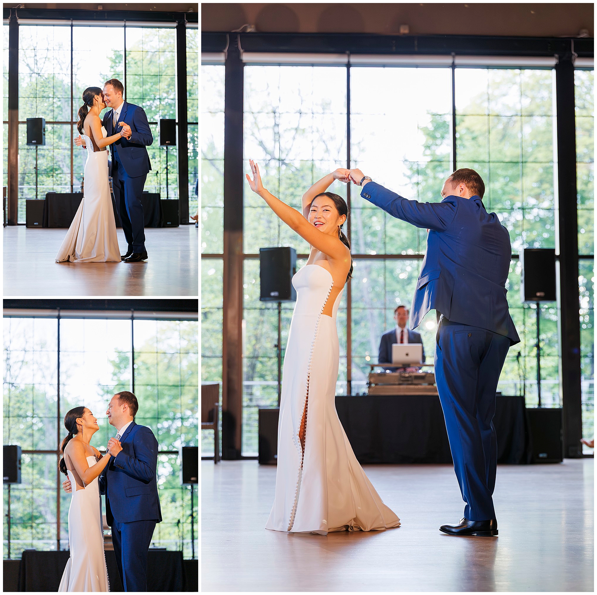 A couple dressed in formal attire shares a magical first dance at their roundhouse wedding, twirling and smiling together in a bright, modern venue with large windows and a DJ providing the perfect soundtrack.