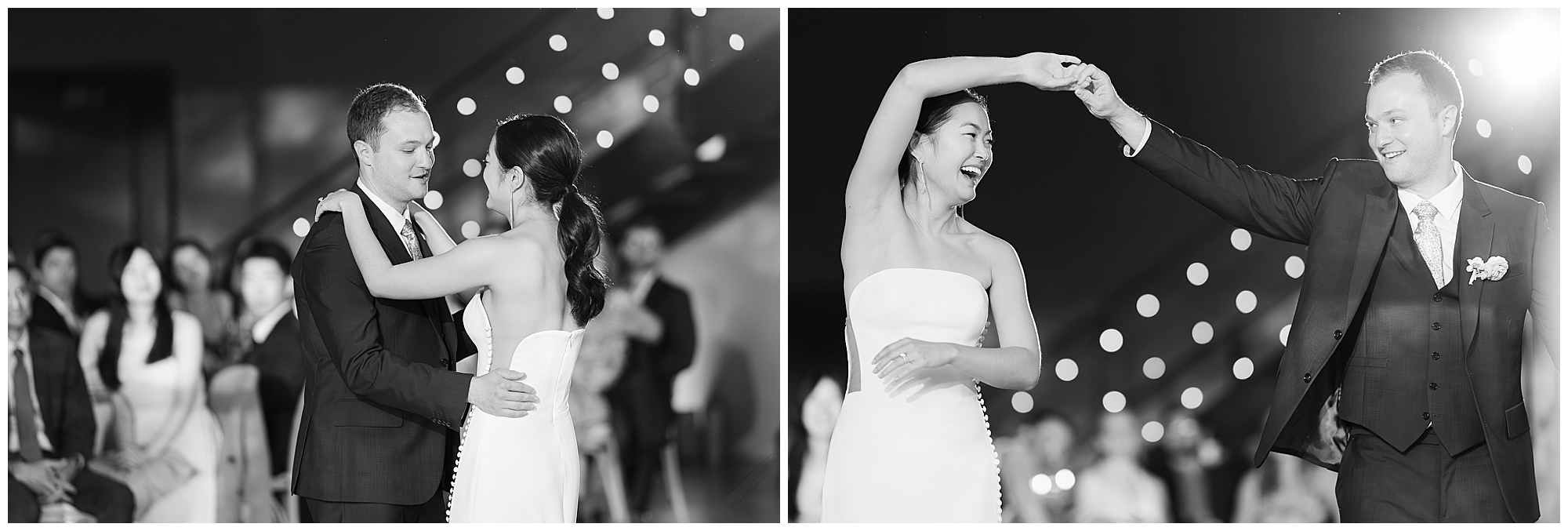 Two black-and-white photos capture a joyful roundhouse wedding, with the bride and groom dancing together, surrounded by smiling guests and soft string lights glowing in the background. The couple looks delighted and in love.