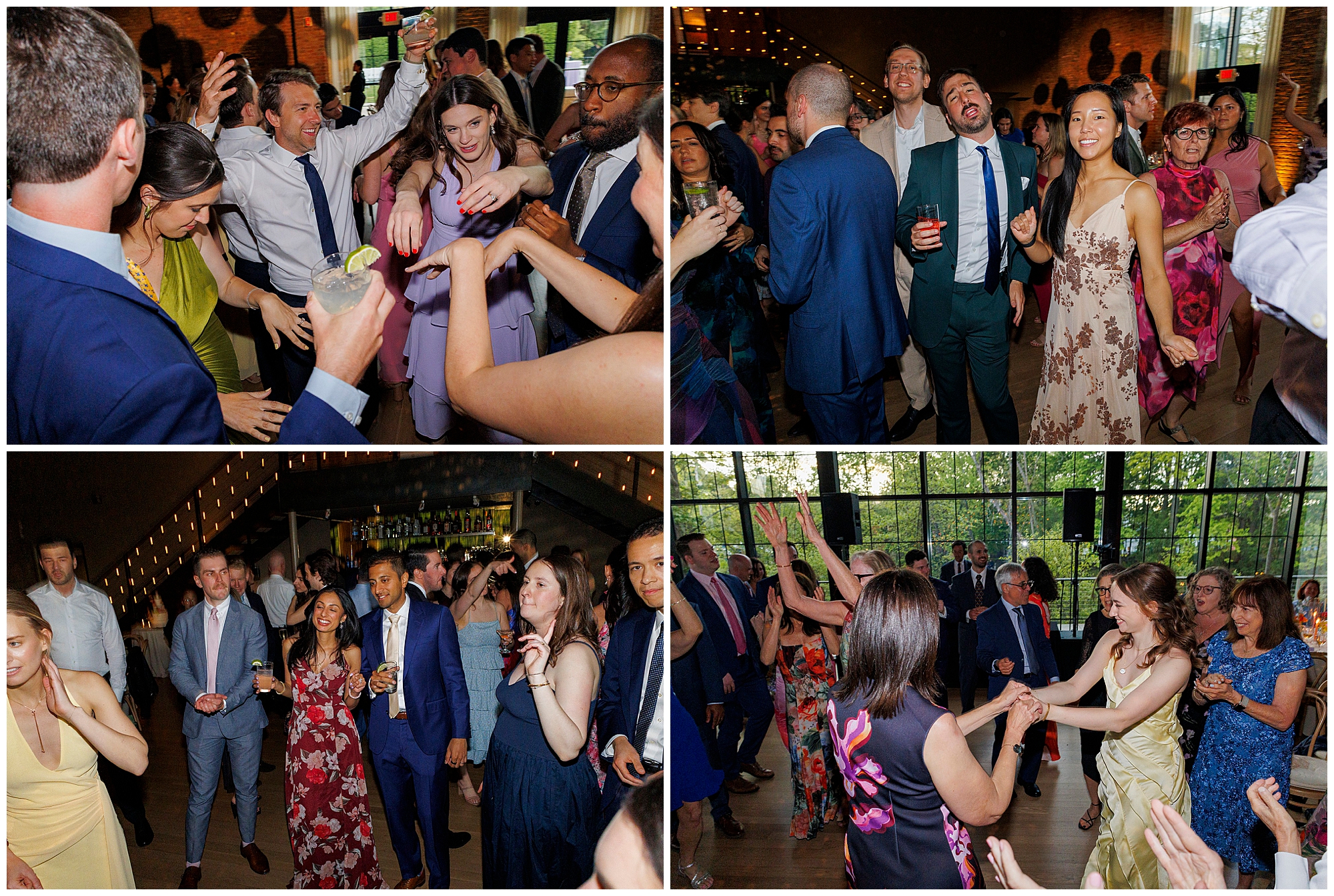 Four photos show groups of people in formal attire dancing, laughing, and enjoying themselves at a lively roundhouse wedding reception, with warm lighting and large windows in the background.