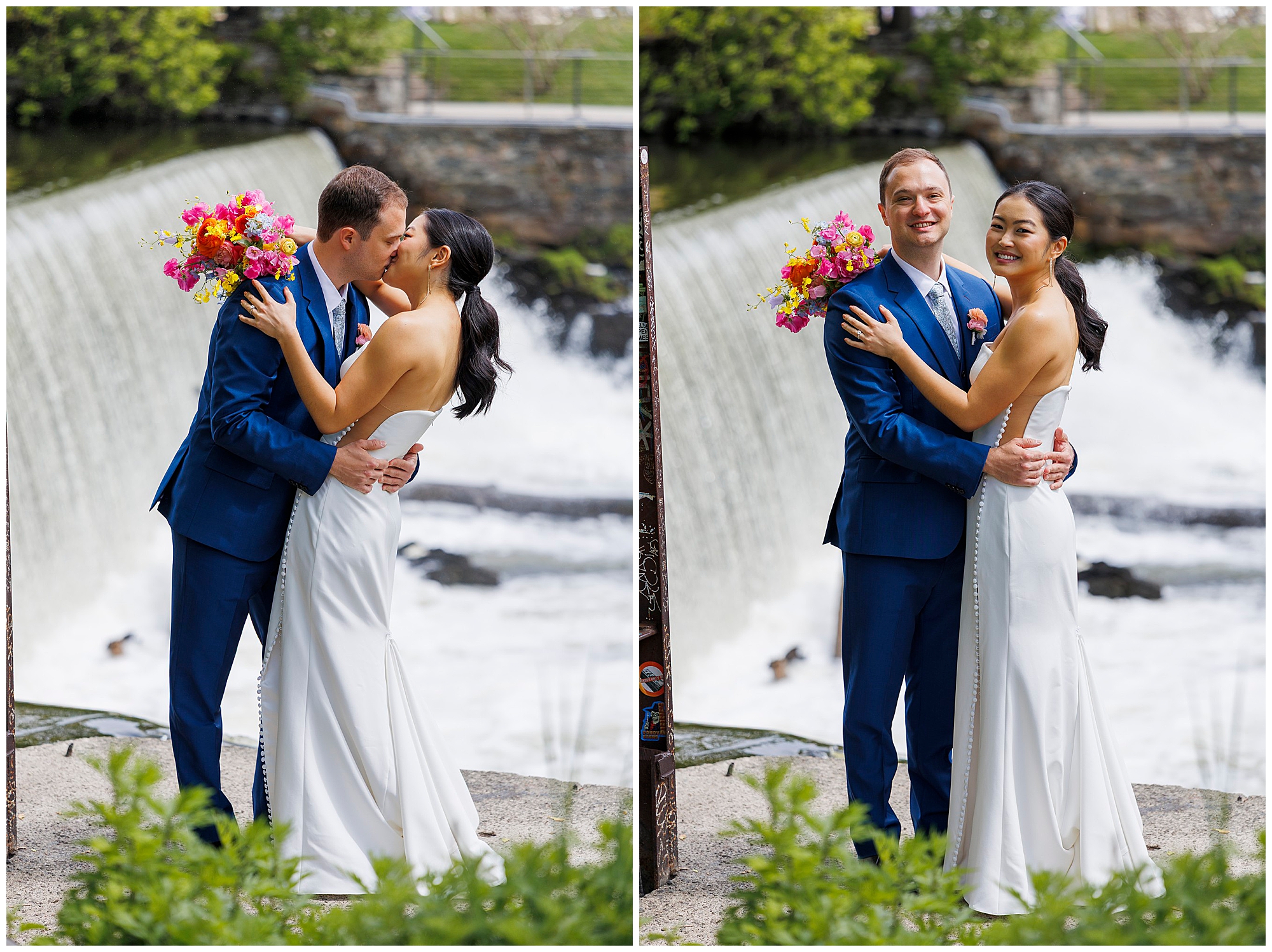 A bride and groom stand in front of a waterfall at their roundhouse wedding. In one photo, they kiss while the bride holds a colorful bouquet; in the other, they smile at the camera, embracing each other in their wedding attire.