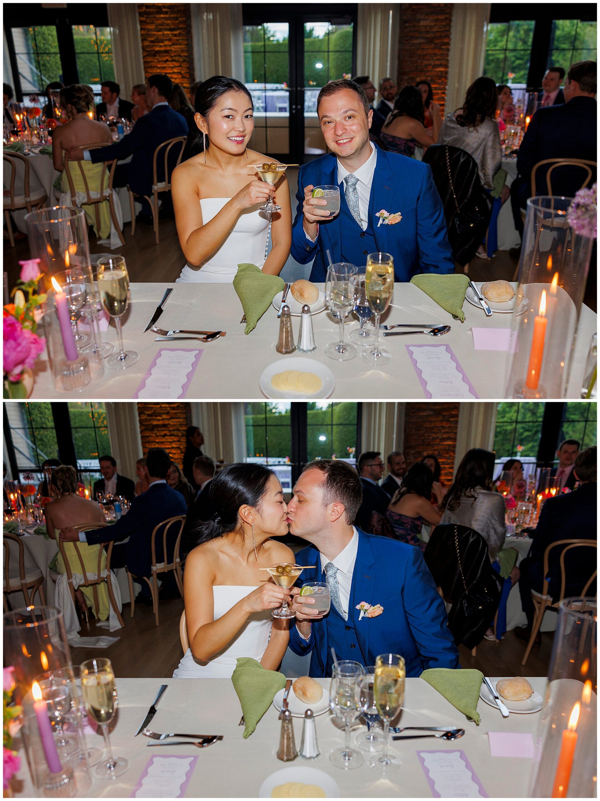 A bride and groom sit at their roundhouse wedding reception table, holding drinks and smiling in the first photo, then sharing a kiss while toasting in the second. Guests and elegant table settings are visible in the background.
