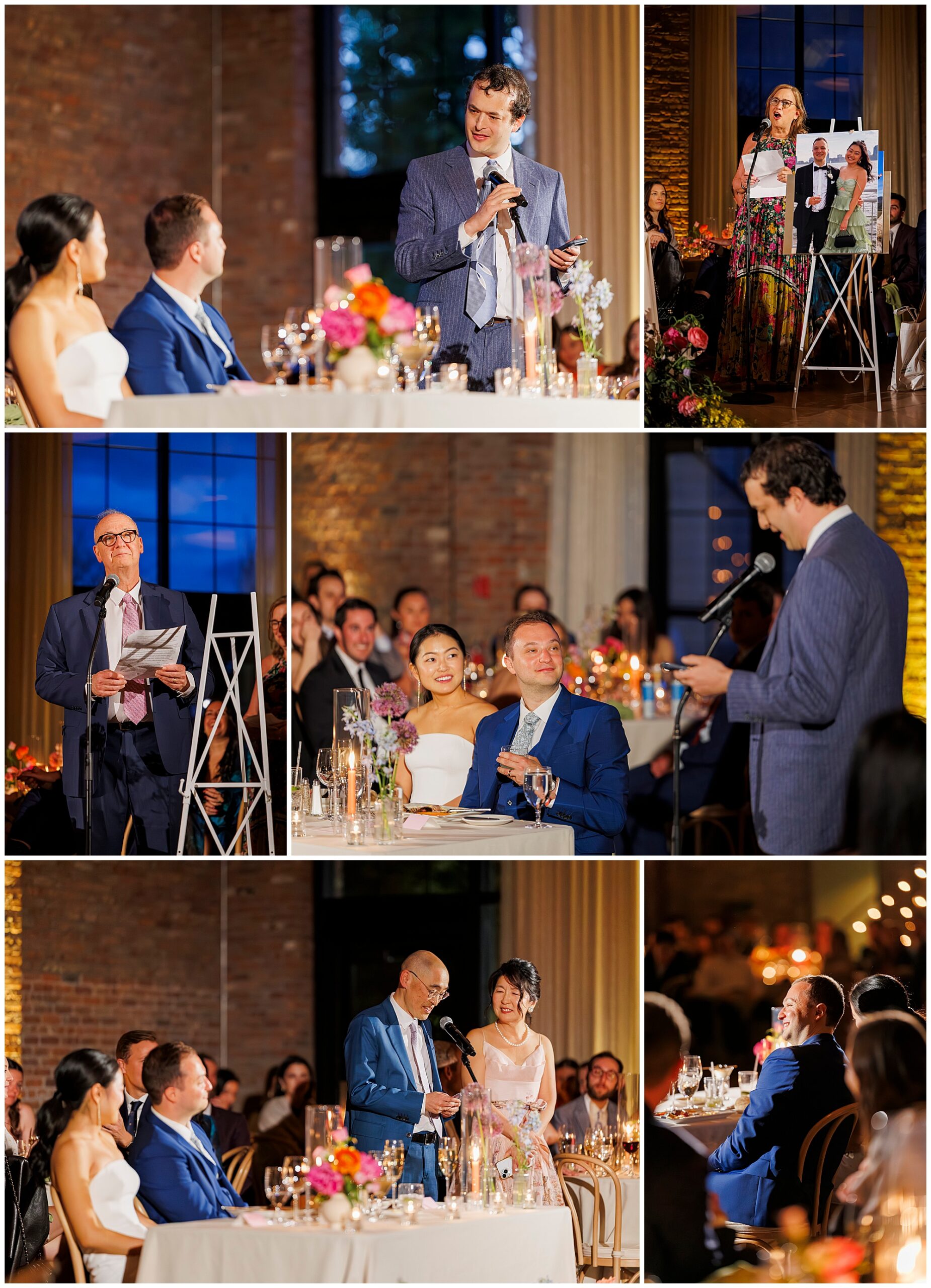 A collage of roundhouse wedding reception photos shows guests giving speeches to a seated bride and groom, who smile and listen at a decorated table with floral centerpieces in a warmly lit venue.