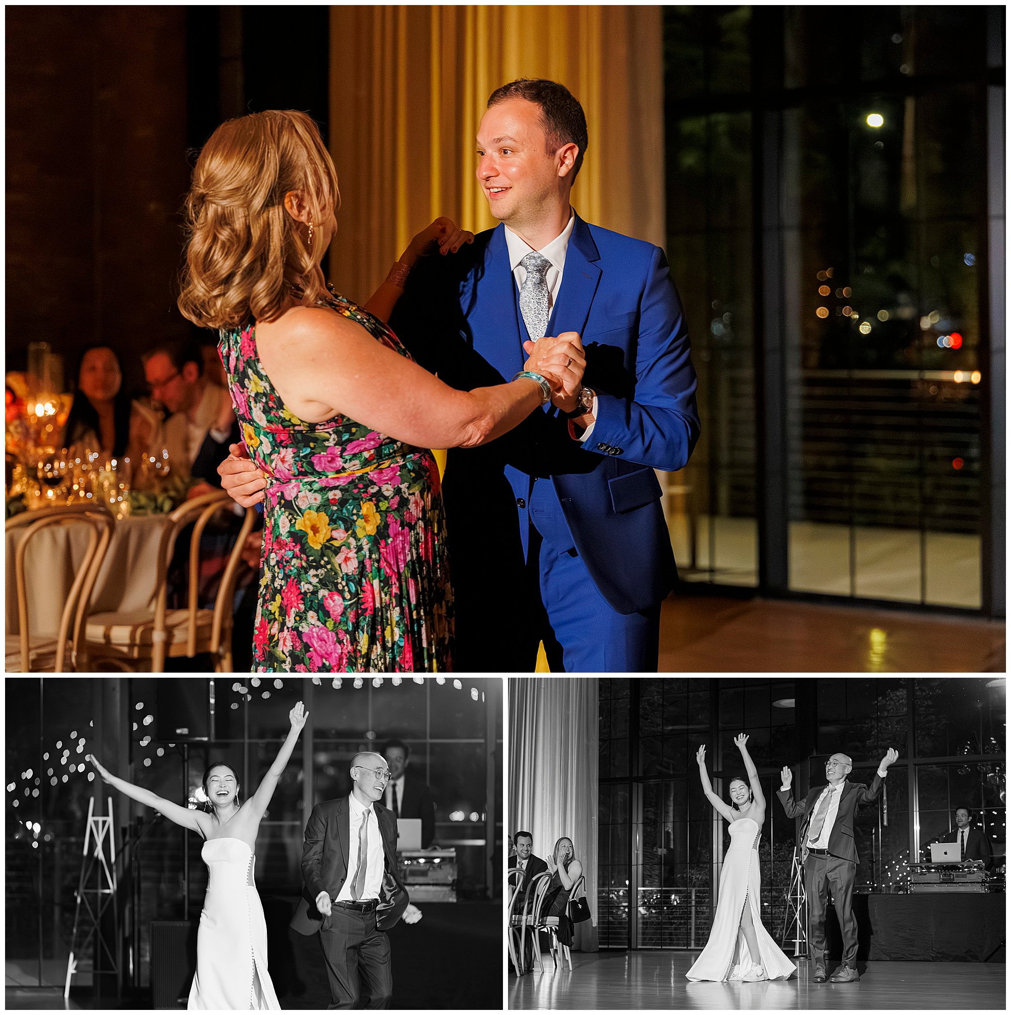 A collage shows a man in a blue suit dancing with a woman in a floral dress, alongside two black-and-white photos of a joyful bride dancing with a man at their roundhouse wedding reception.