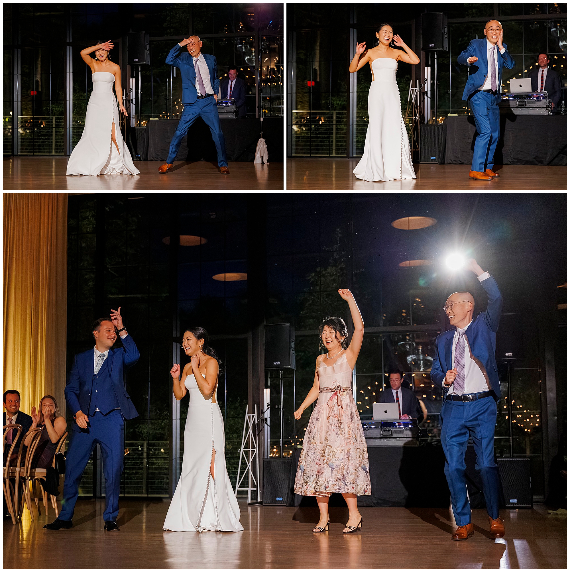 A bride and groom perform a lively dance on a roundhouse wedding ballroom floor, joined by two parents in the bottom image. All are smiling and having fun, with a DJ and guests visible in the background.