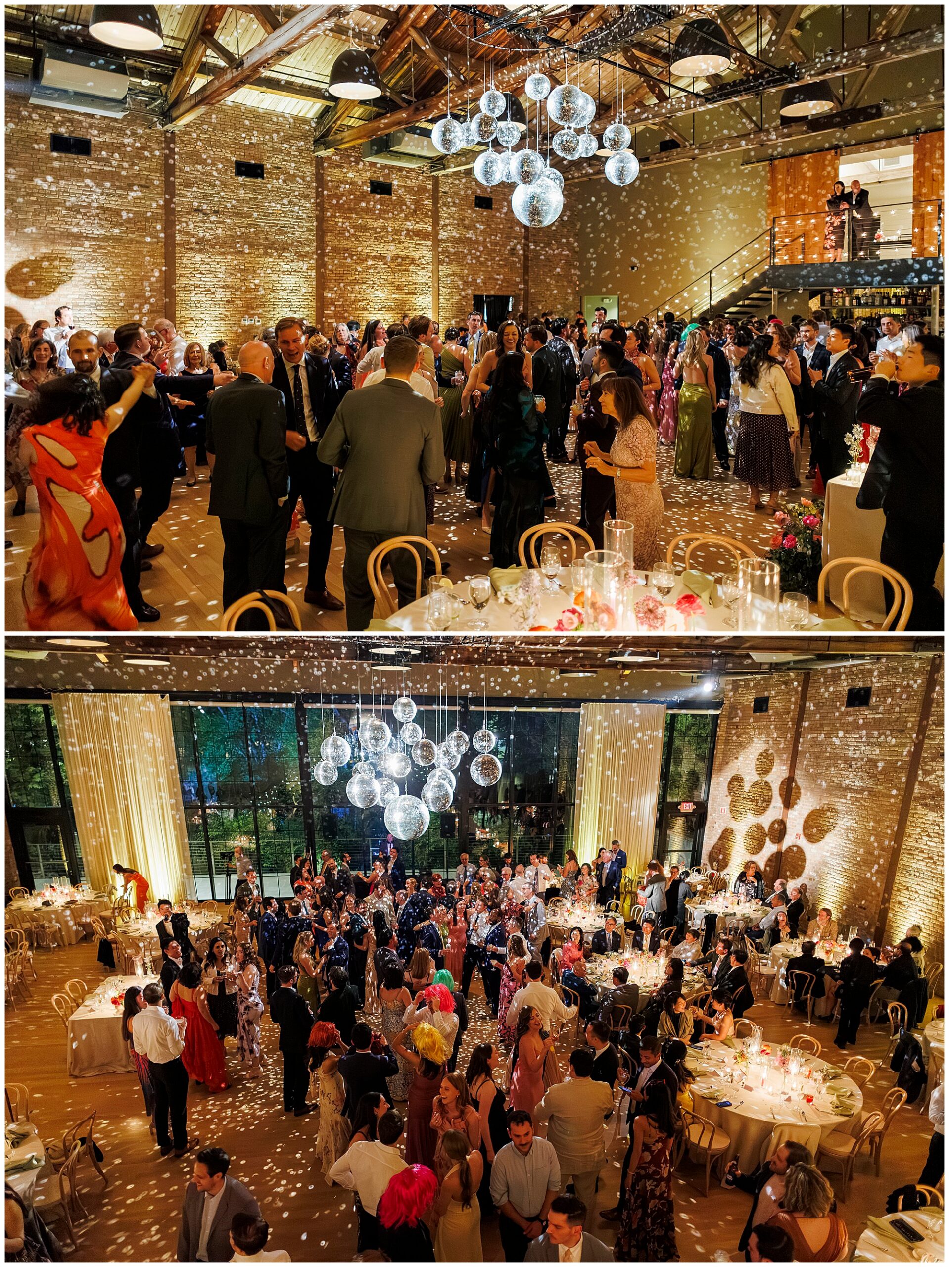 Two photos of a lively roundhouse wedding reception. Guests in formal attire dance under disco balls, with sparkling light reflections on the walls. Tables with flowers and candles surround the open dance floor.