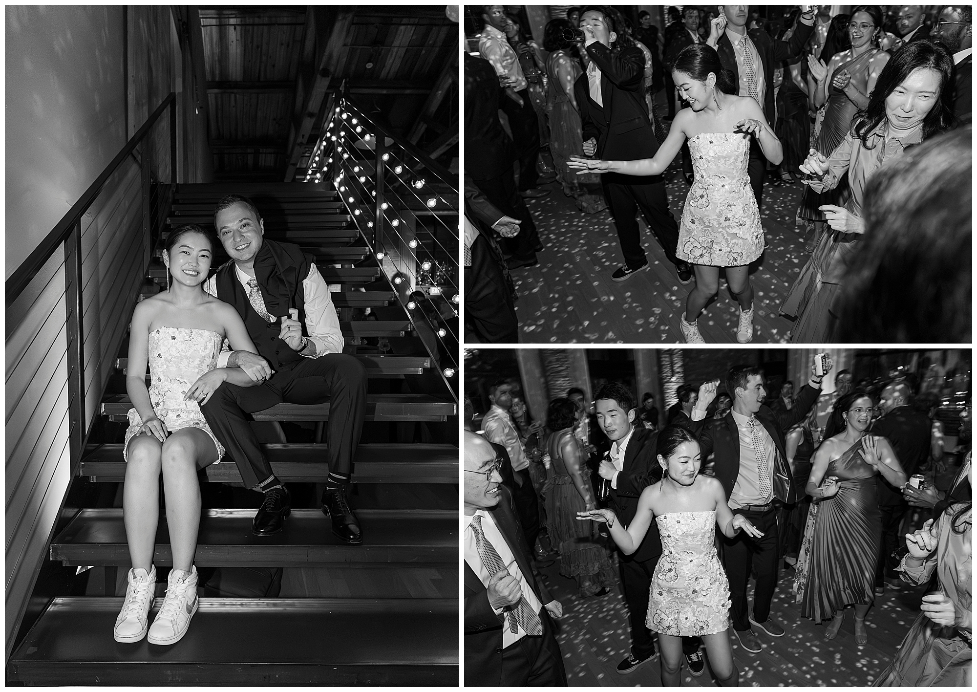 A black and white collage captures a joyful young woman in a short dress and sneakers on a lit staircase with a man, dancing with guests at a lively indoor roundhouse wedding celebration.