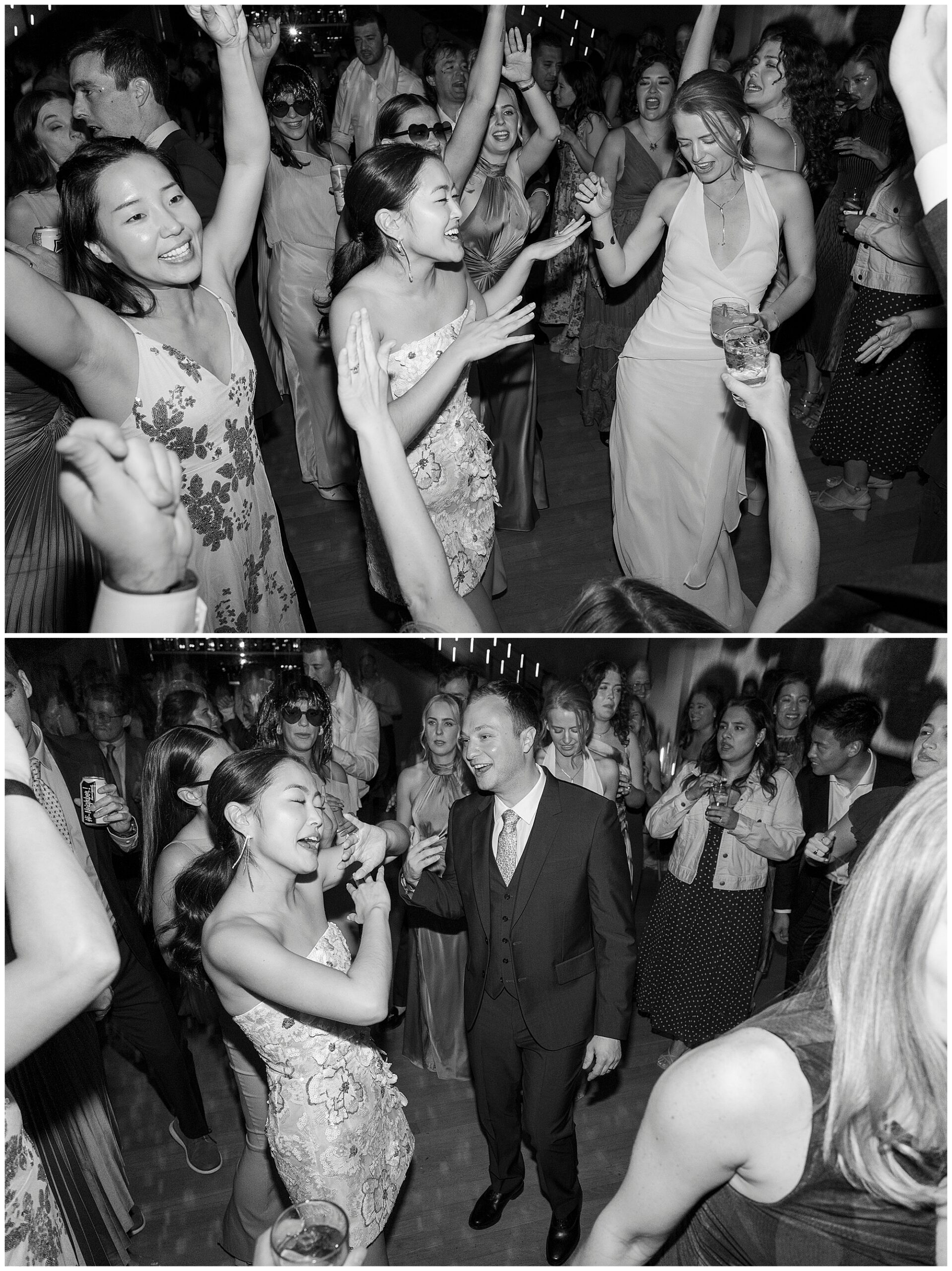 Two black-and-white photos capture guests dancing and smiling at a lively roundhouse wedding. In both images, people in formal attire raise their hands and celebrate joyfully in a crowded room.