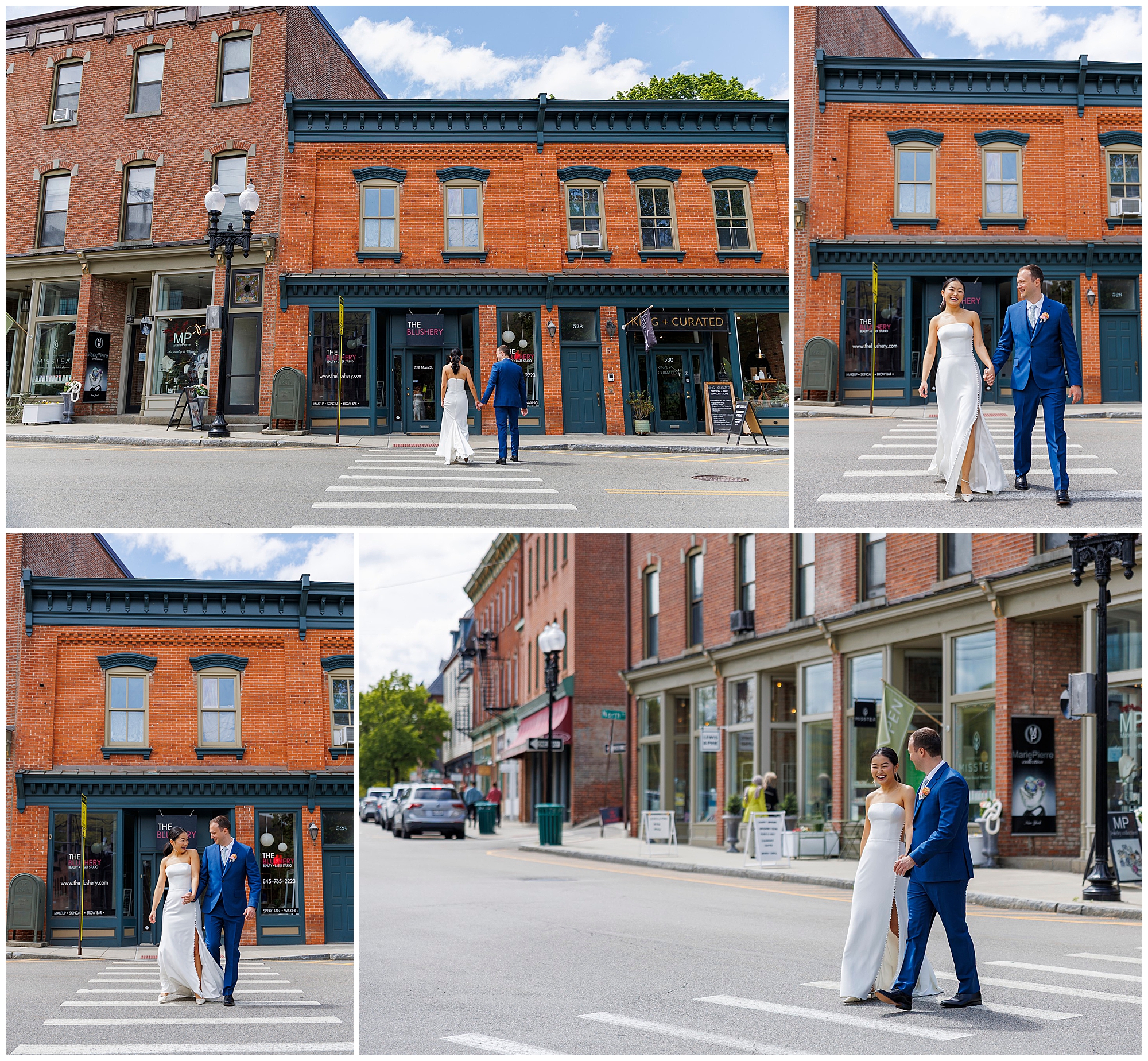 A bride in a white dress and a groom in a blue suit walk hand in hand across a crosswalk by red brick buildings, capturing the charm of their roundhouse wedding on a sunny day. Four angles show their stroll and vibrant downtown setting.