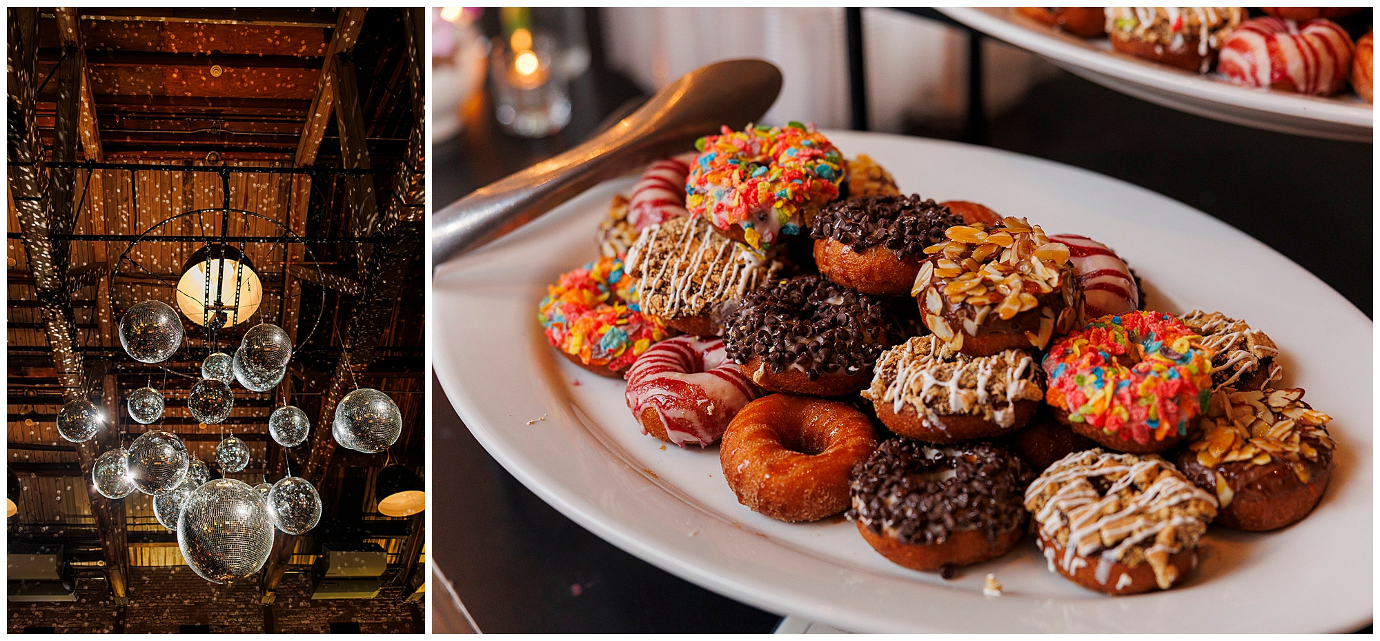 A split image: on the left, multiple disco balls hang from a high, rustic ceiling at a roundhouse wedding; on the right, a white platter holds assorted colorful and decorated donuts.
