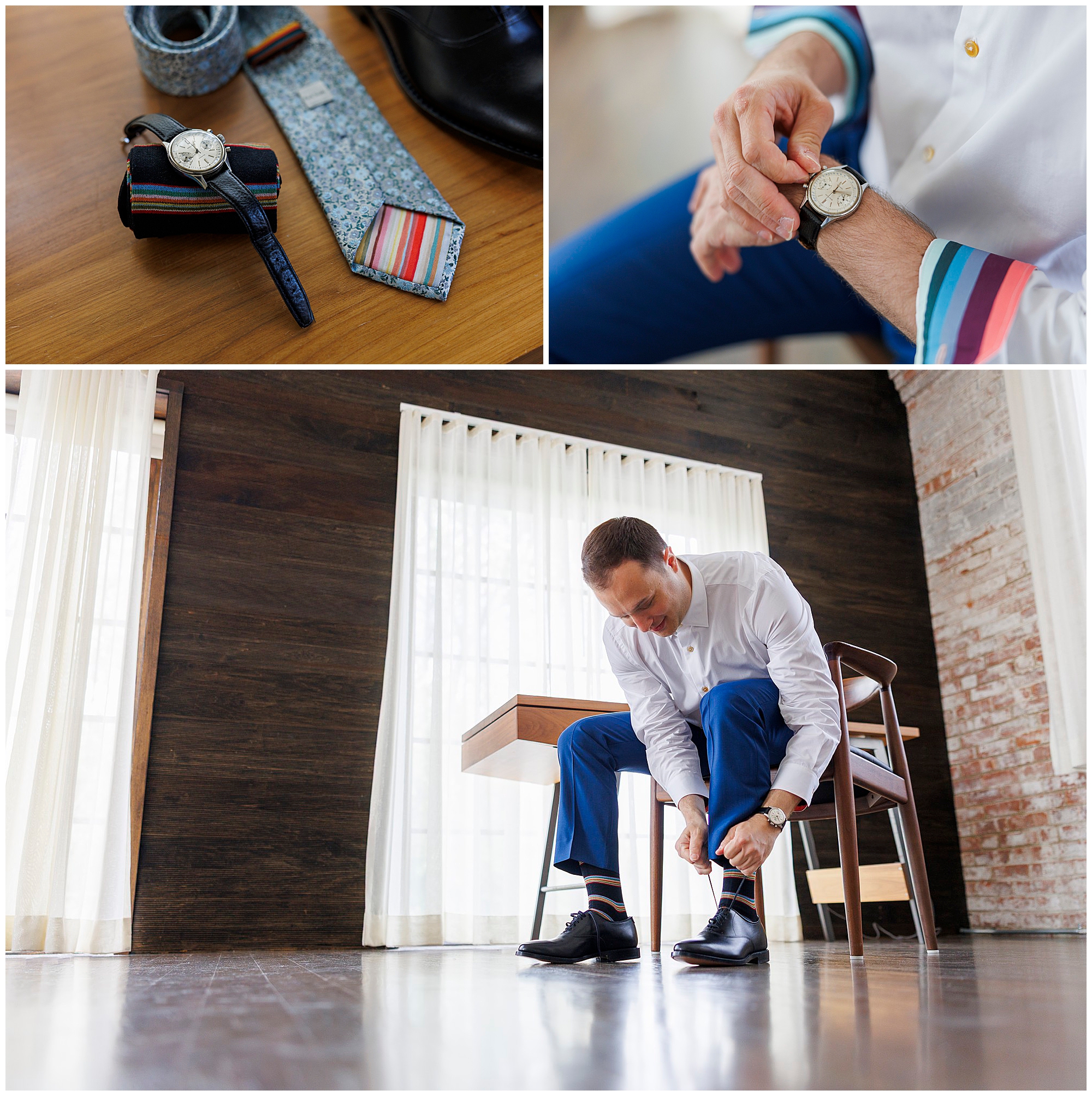 A man in a white shirt and blue pants puts on black shoes in a bright room, preparing for a roundhouse wedding. Close-ups highlight his striped tie, wristwatch, and the moment he fastens the watch on his wrist.