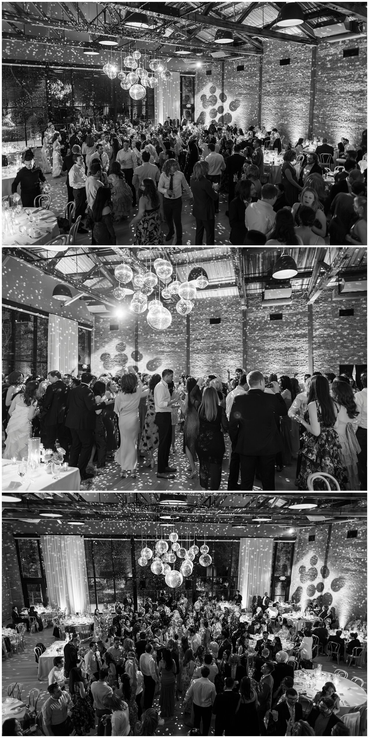 Three black and white photos of a lively roundhouse wedding reception indoors, showing a crowded dance floor with guests dancing and mingling under hanging lights and disco balls in a spacious, industrial-style venue.
