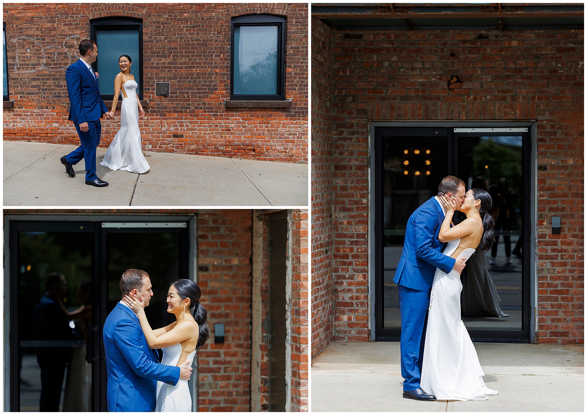 A man in a blue suit and a woman in a white dress smile and embrace outside a brick building at their roundhouse wedding, sharing a joyful moment together in three different poses.