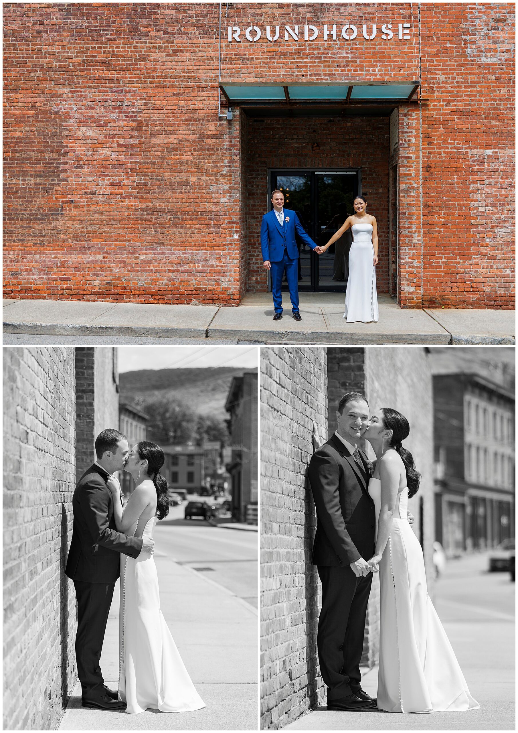 A couple celebrates their roundhouse wedding, posing outside the brick building labeled Roundhouse. Smiling and holding hands outdoors, they share a quiet moment together along the charming brick alley.
