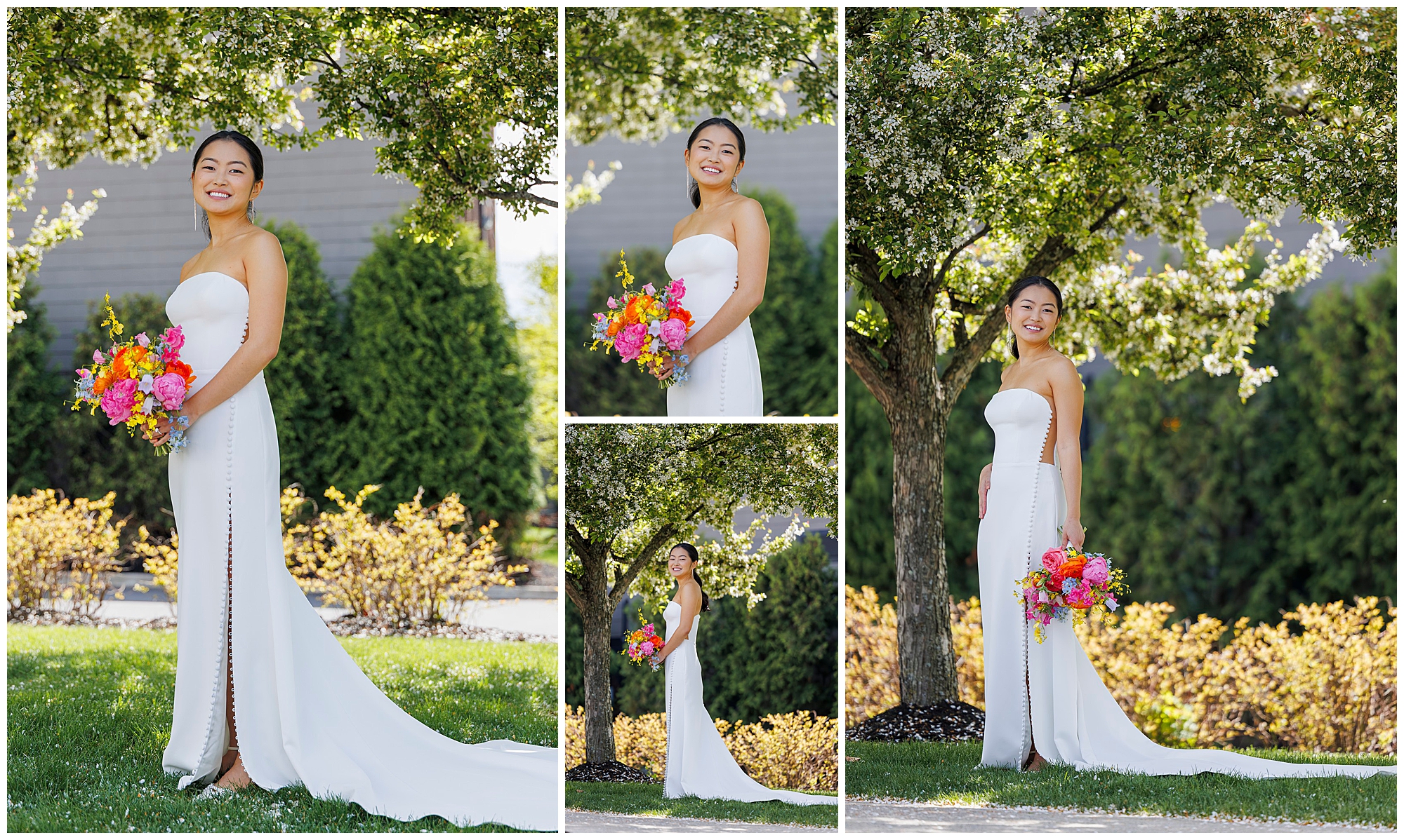A bride in a strapless white gown poses outdoors with a colorful bouquet, smiling under blooming trees in a sunny roundhouse wedding garden setting. Four photos show her from different angles.
