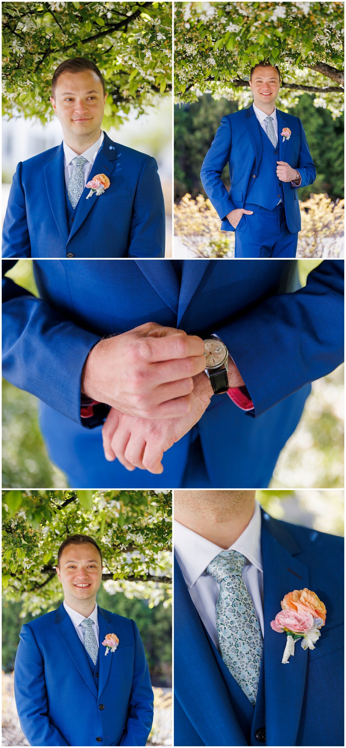 A man in a blue suit with a floral tie and an orange boutonniere poses outdoors at a roundhouse wedding, smiling beneath blooming trees and showing his watch in close-up detail shots.