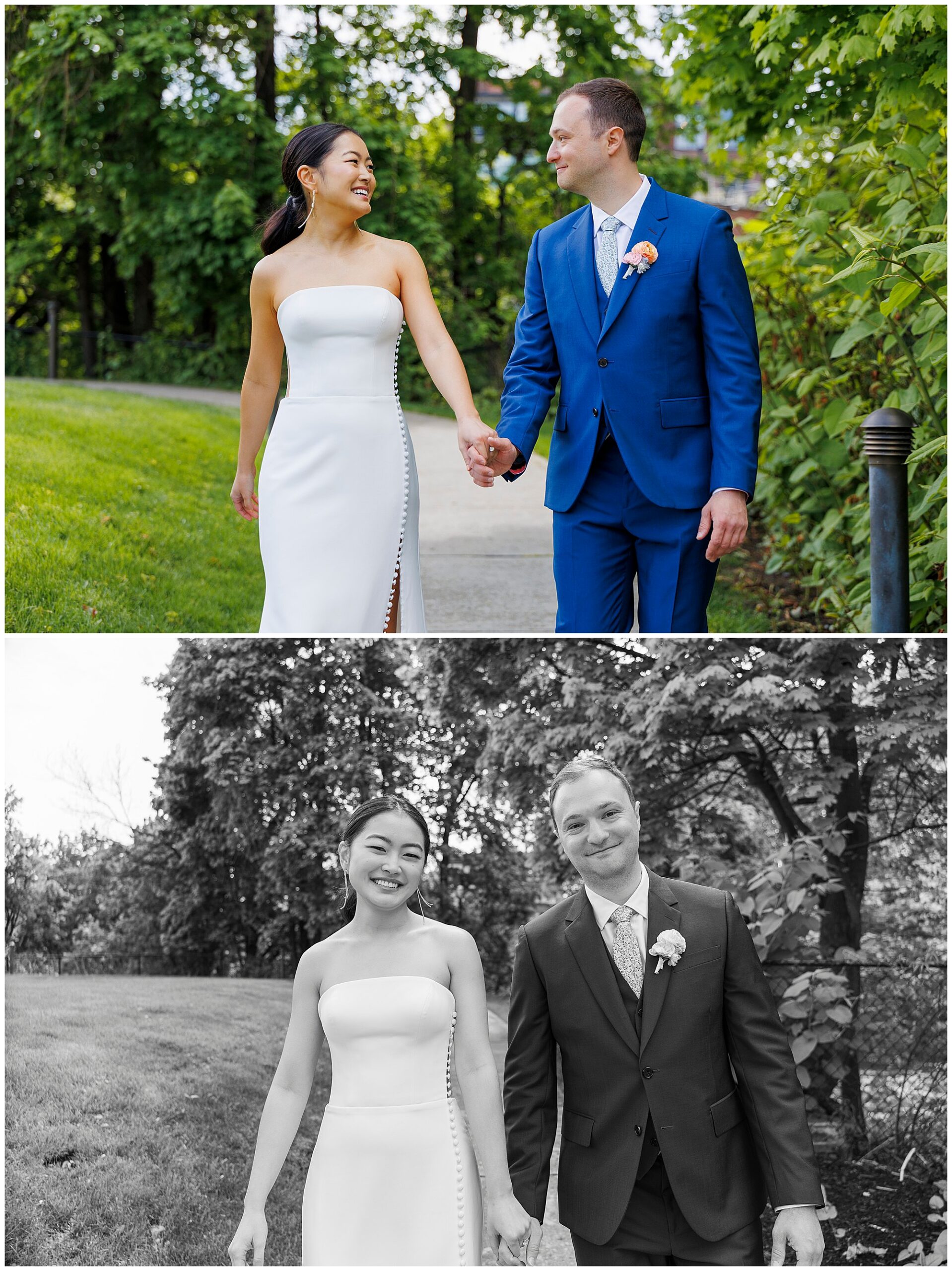 A bride in a strapless white gown and a groom in a blue suit walk hand in hand outdoors at their roundhouse wedding, smiling at each other. The top image is in color; the bottom image is the same scene in black and white.