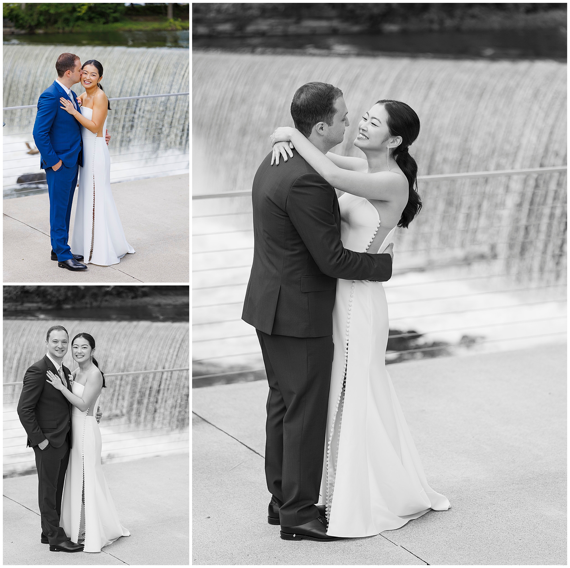 A couple in wedding attire stands by a cascading waterfall at their roundhouse wedding. In each image, they embrace and smile, looking happy and affectionate on their special day.
