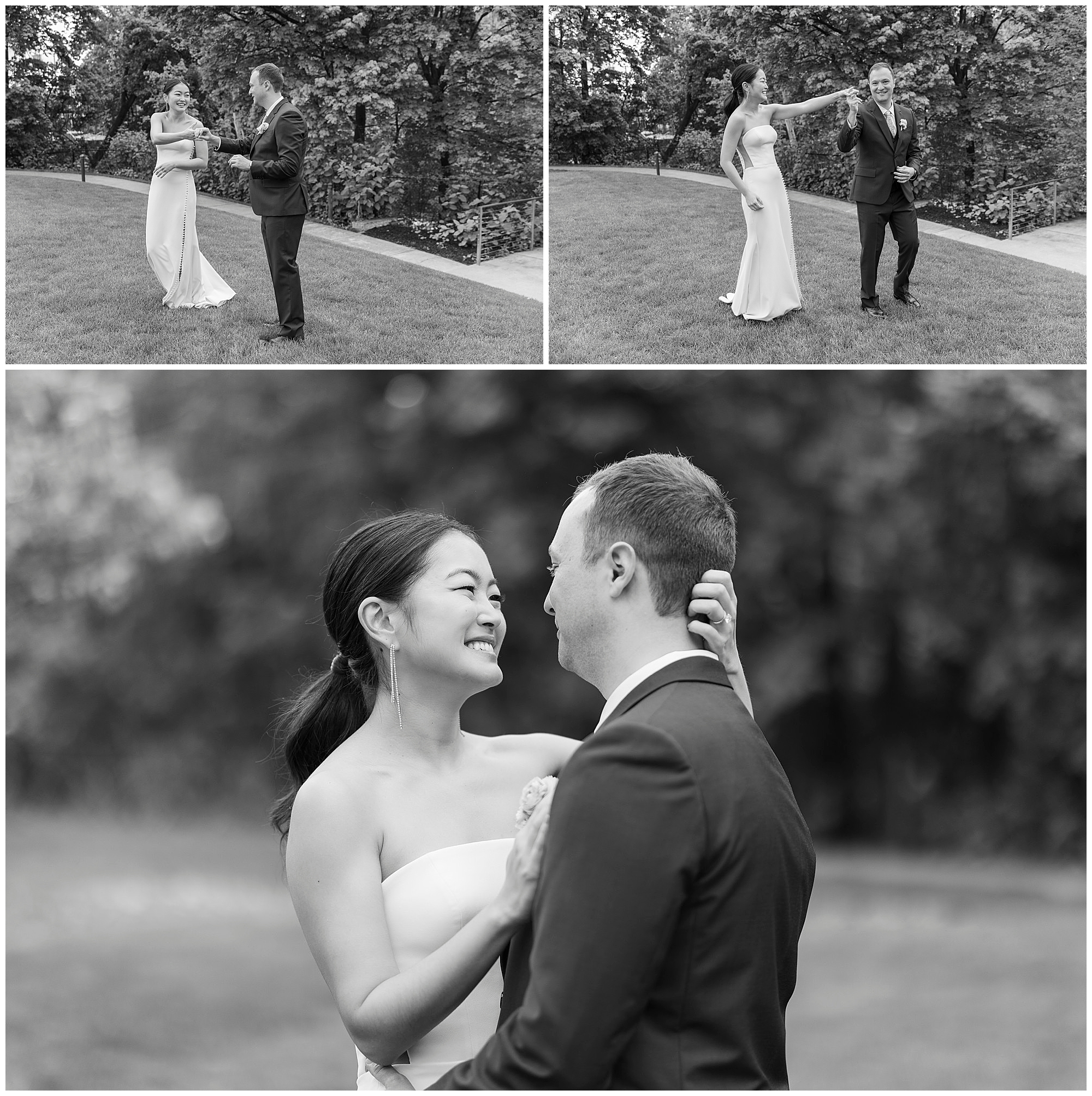 A collage of three black-and-white photos shows a bride and groom at their roundhouse wedding. They embrace, laugh, and dance together on a grassy lawn, surrounded by trees, looking joyful and in love.