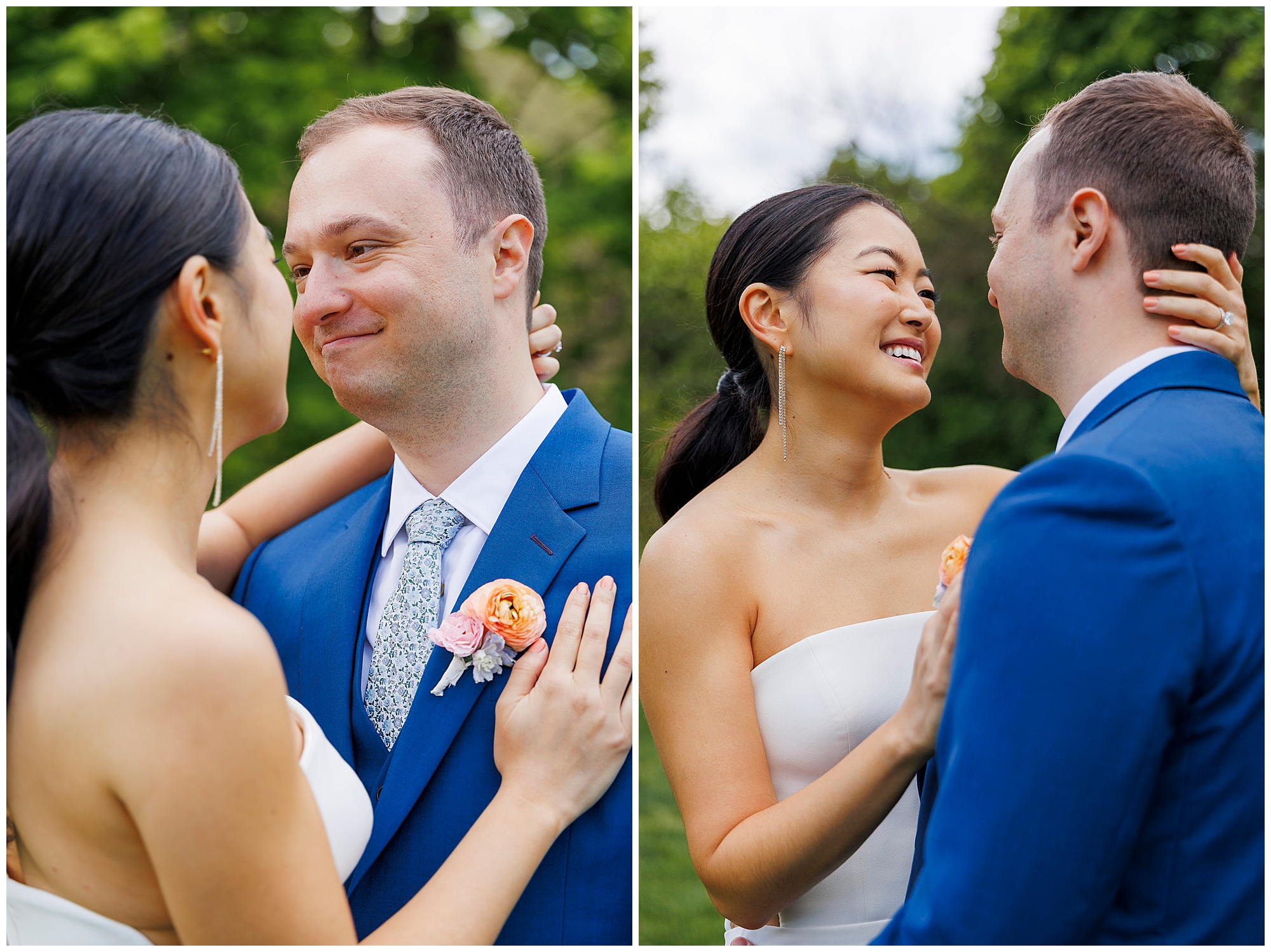 A newlywed couple in formal attire smiles and gazes at each other outdoors during their roundhouse wedding. The bride wears a strapless white dress, while the groom dons a blue suit with a boutonniere. Lush greenery fills the background.