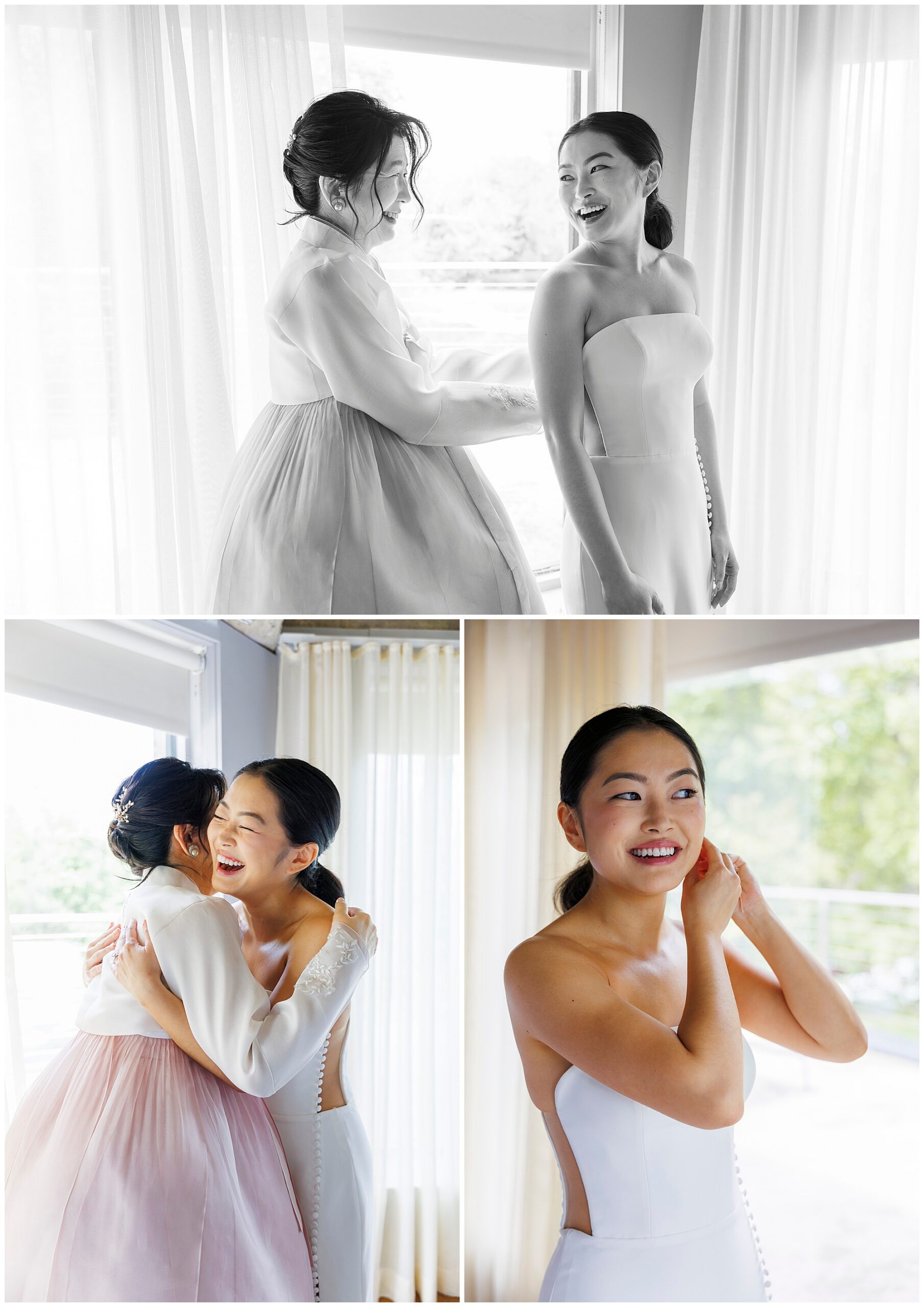 Three photos: Two women smile as one helps the other with her dress at a roundhouse wedding; they hug, both joyful; the bride stands alone, smiling, and puts on an earring in front of a window with soft natural light.