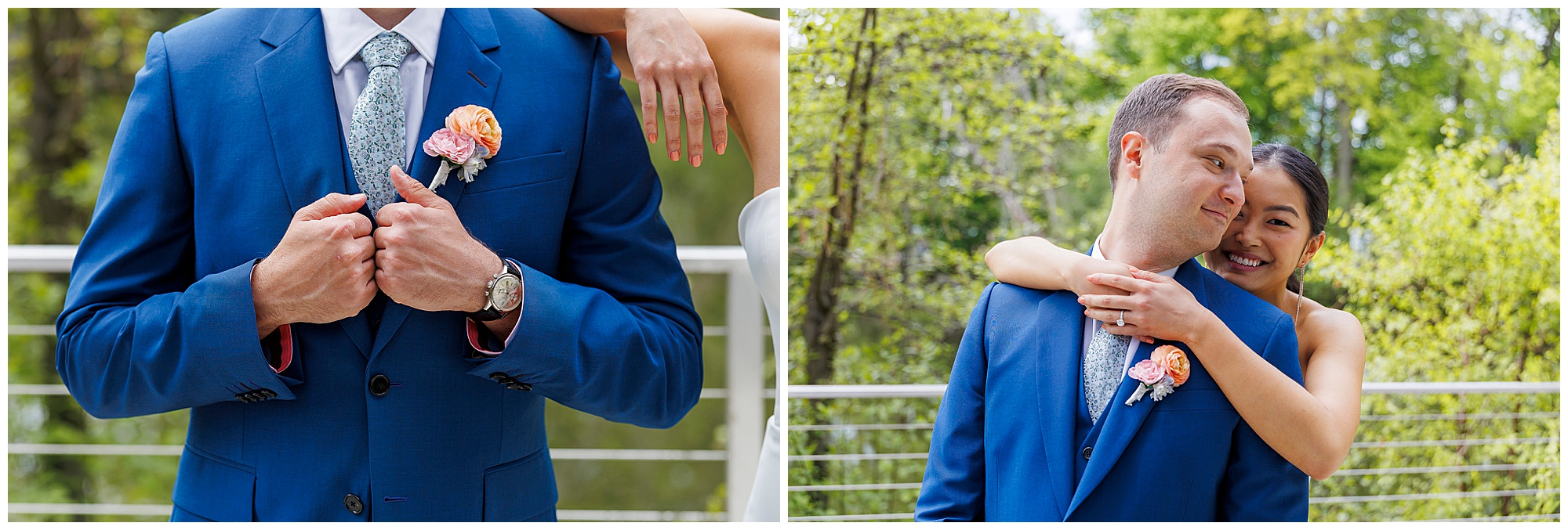 A man in a blue suit with a floral boutonniere is pictured at a roundhouse wedding; in one frame he adjusts his lapel, and in the other, a woman hugs him from behind as they both smile outdoors.