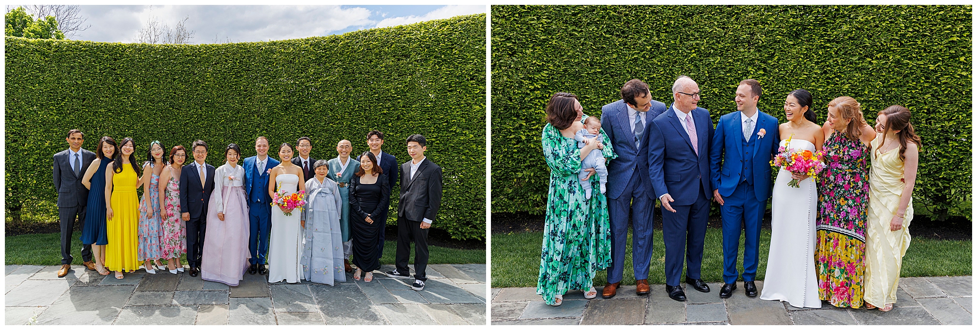 A group of people dressed formally stand outdoors in front of a tall, green hedge; the left image shows a larger group, while the right image features a smaller group at a roundhouse wedding, some holding flowers and a baby.