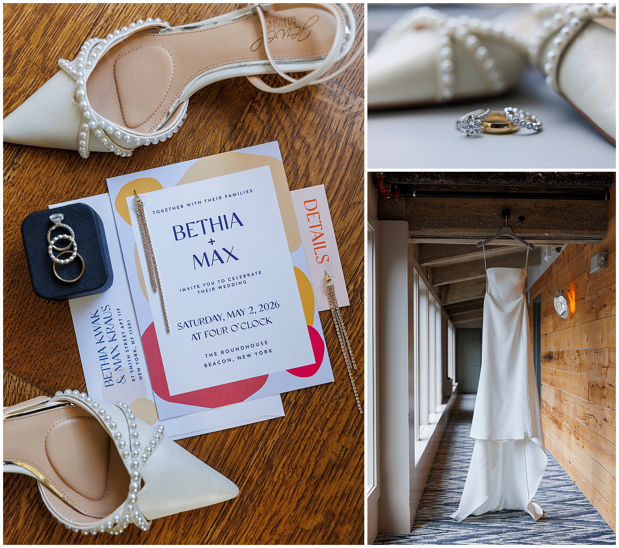 A collage shows pearl-embellished bridal shoes, rings, earrings, wedding invitations for Bethia and Max’s roundhouse wedding, and a white wedding dress hanging in a hallway.
