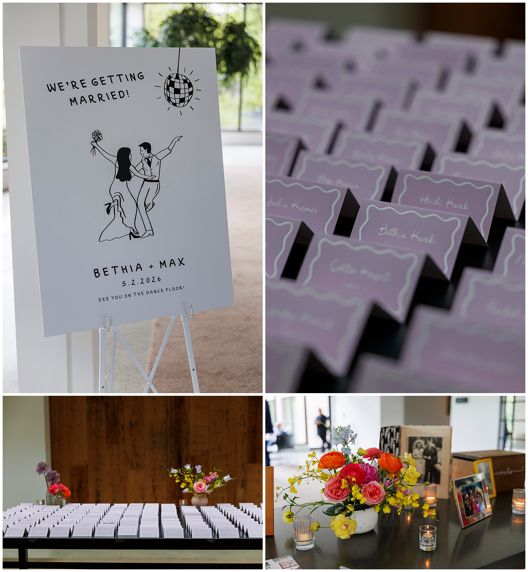 A collage shows a wedding welcome sign with a dancing couple illustration, rows of pink name cards on tables, and a close-up of colorful flower arrangements and framed photos on a table at a charming roundhouse wedding.